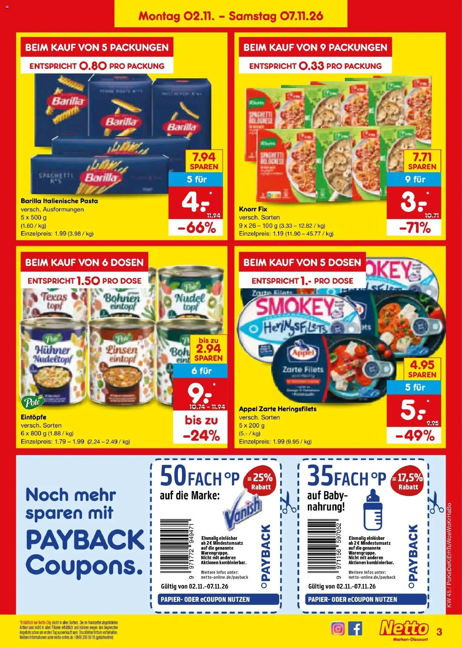 Vorschau von dem Prospekt des Geschäftes Netto Marken-Discount, gültig ab dem 02.11.2026 - Pasta, Spaghetti, Barilla, Knorr, Knorr fix