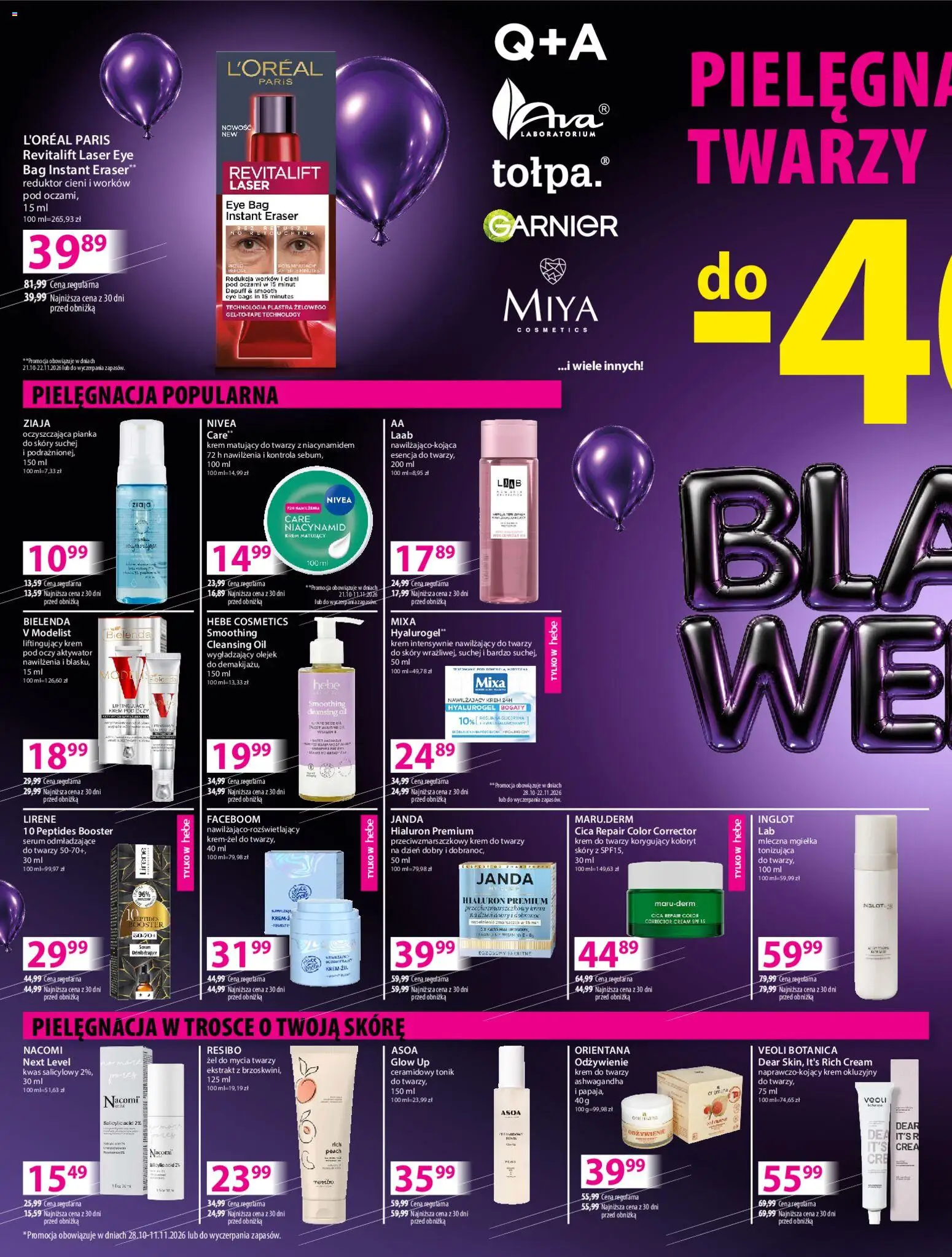 Pogląd gazetki "Hebe Black Weeks" ze sklepu Hebe ważnej od 28.10.2026 - Ashwagandha, Bielenda, Krem, Krem do twarzy, Żel do mycia twarzy, Tonik, Garnier