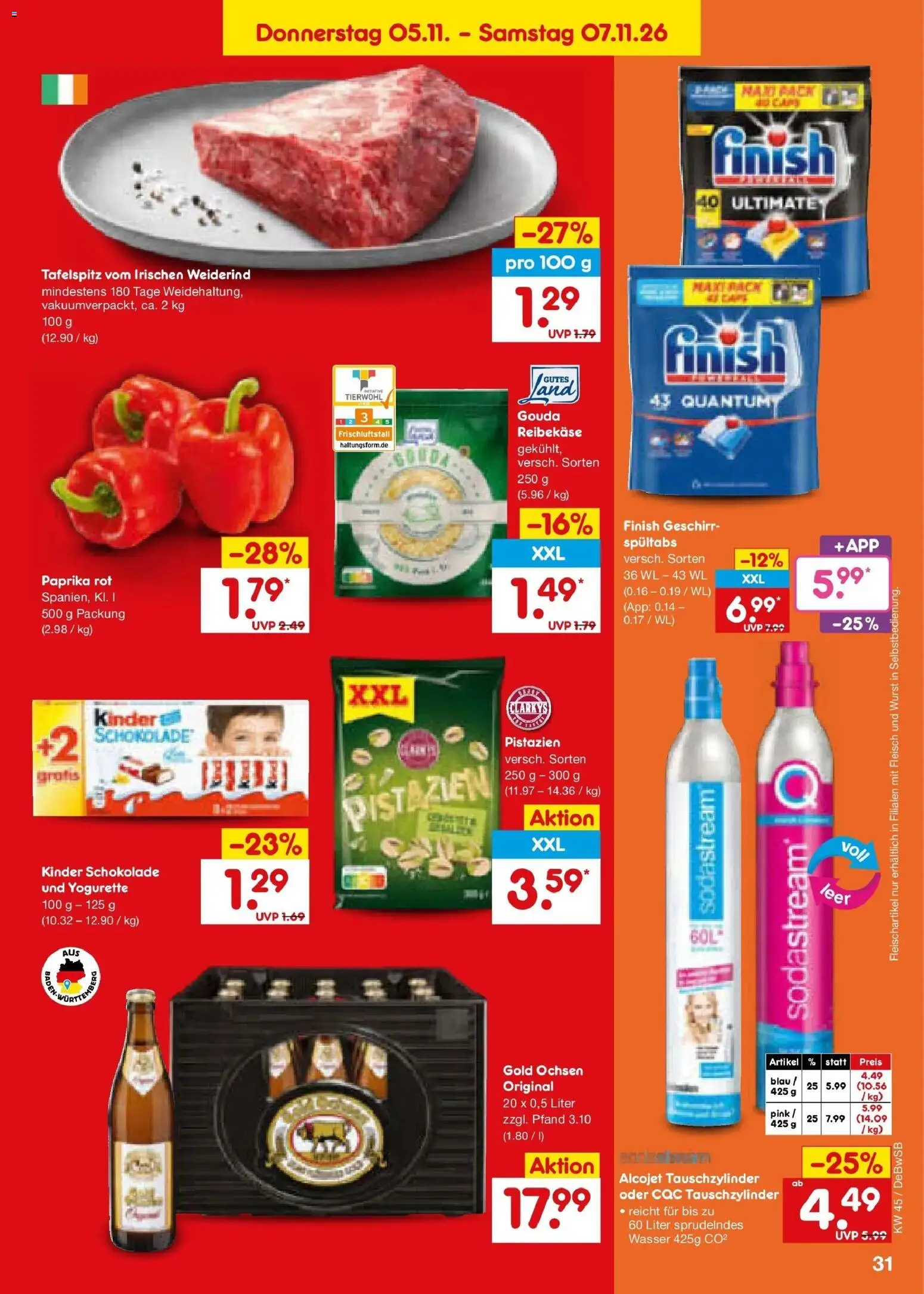 Vorschau von dem Prospekt des Geschäftes Netto Marken-Discount, gültig ab dem 02.11.2026 - Wasser, Sodastream, Wurst, Paprika, Finish, Paprika rot, Reibekase, Kinder schokolade