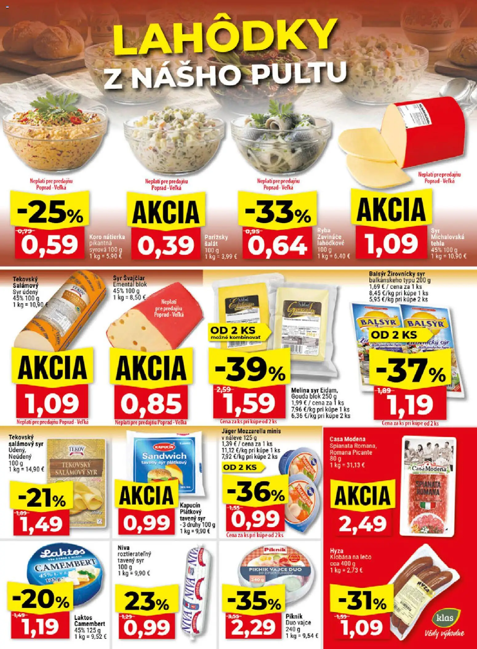 Náhľad Klas letáku platného od 12.10.2026 - Syr, Šalát, Mozzarella, Klobása, Niva, Camembert, Nátierka, Gouda
