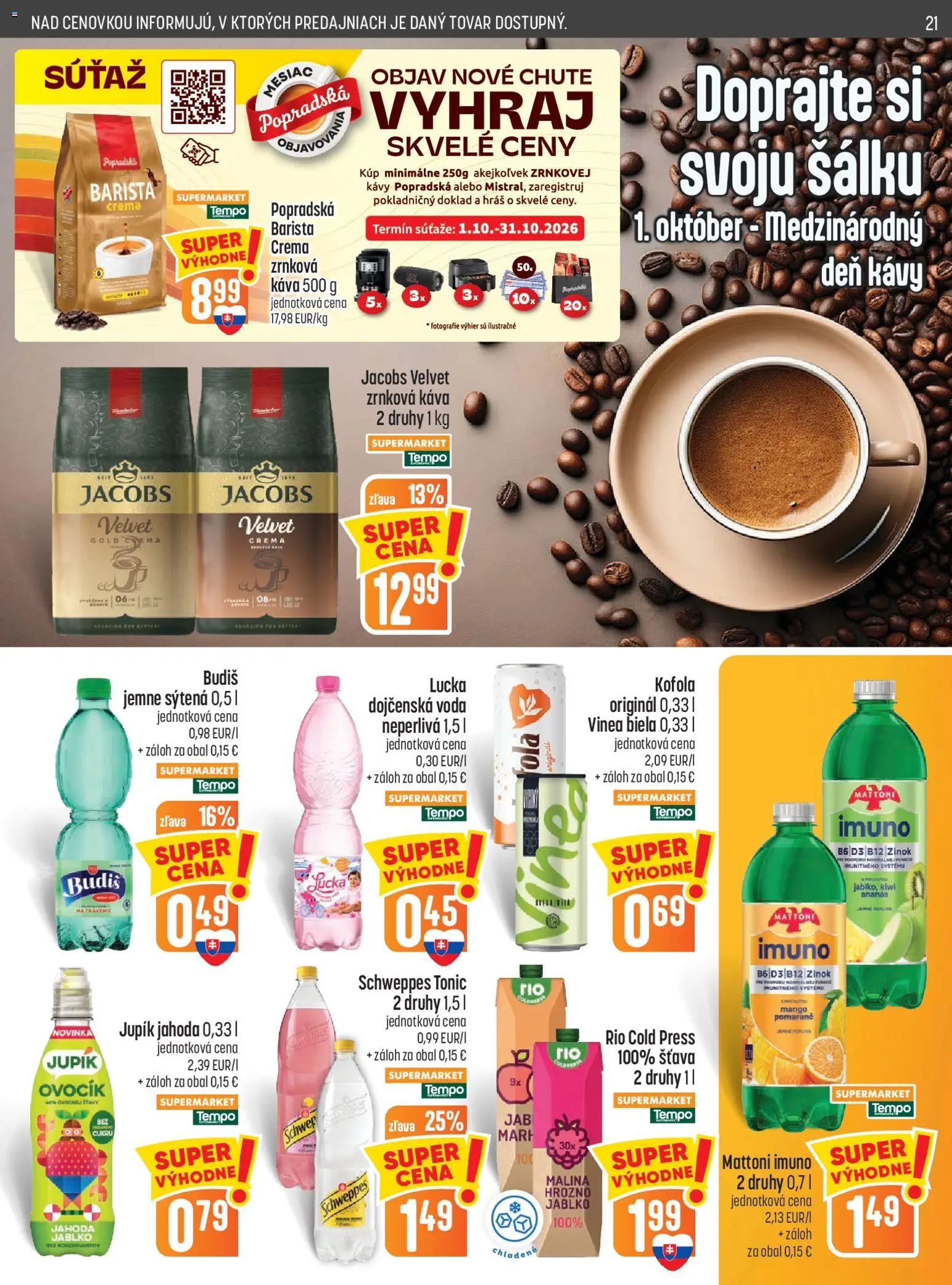 Náhľad COOP Jednota letáku platného od 01.10.2026 - Kiwi, Káva, Kofola, Mattoni, Barista, Lucka, Ananás, Šťava
