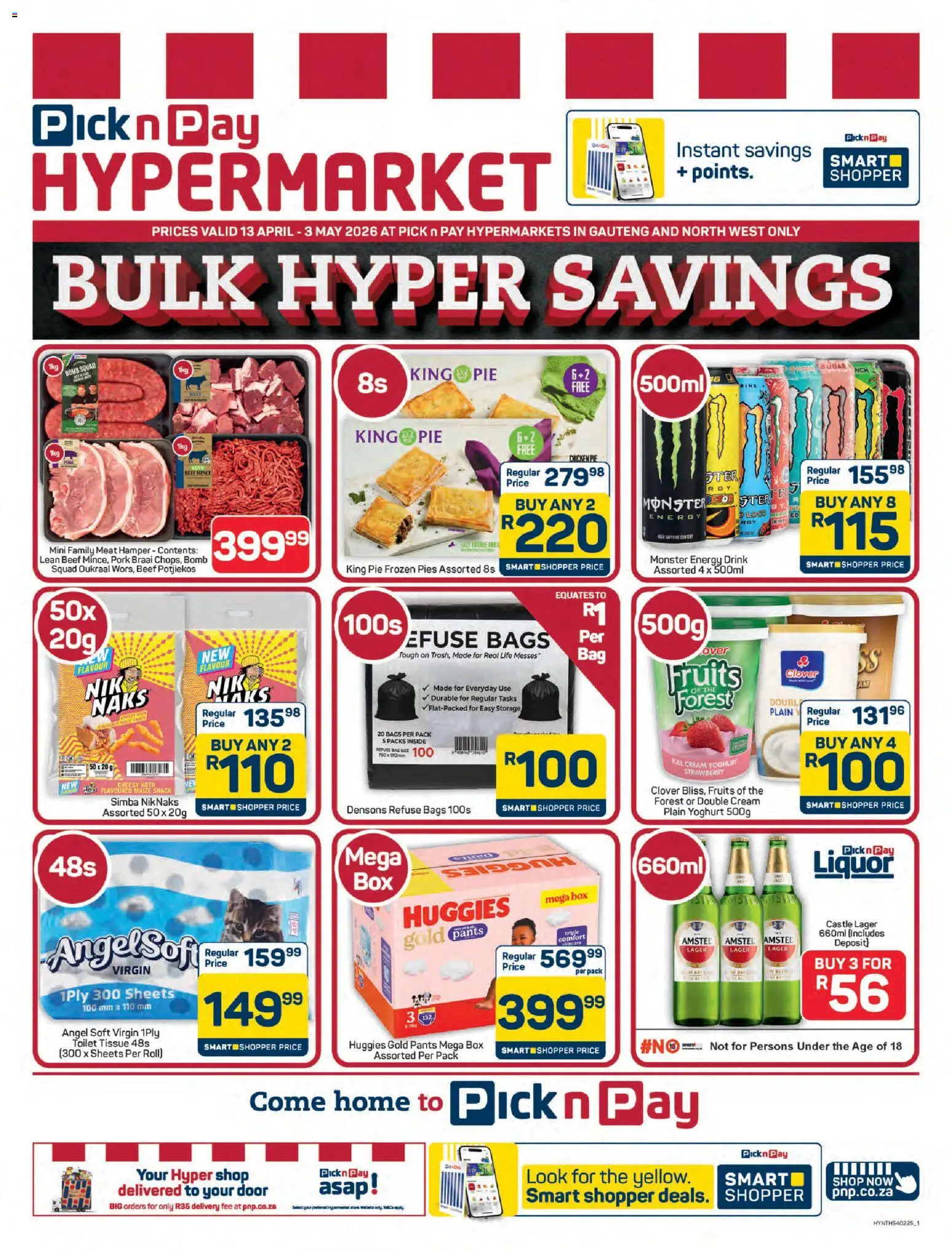 Preview of Pick n Pay flyer valid from 13/04/2026 - Chicken, Box, Sugar, Cream, Pants, Yoghurt, Pork, Beef