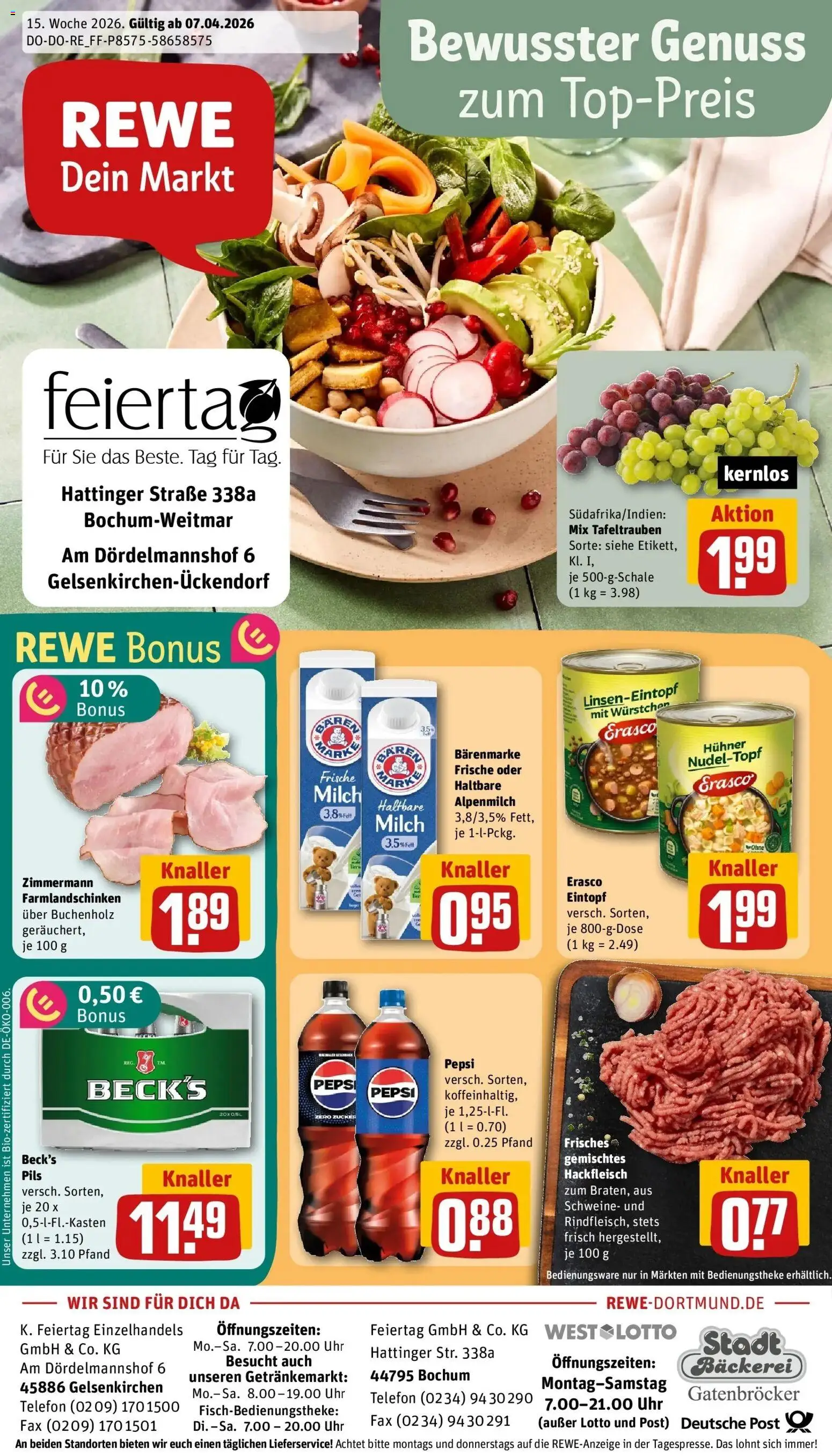 Vorschau von dem Prospekt des Geschäftes Rewe, gültig ab dem 05.04.2026 - Bäckerei, Uhr, Telefon, Milch, Zucker, Pepsi, Pils, Erasco