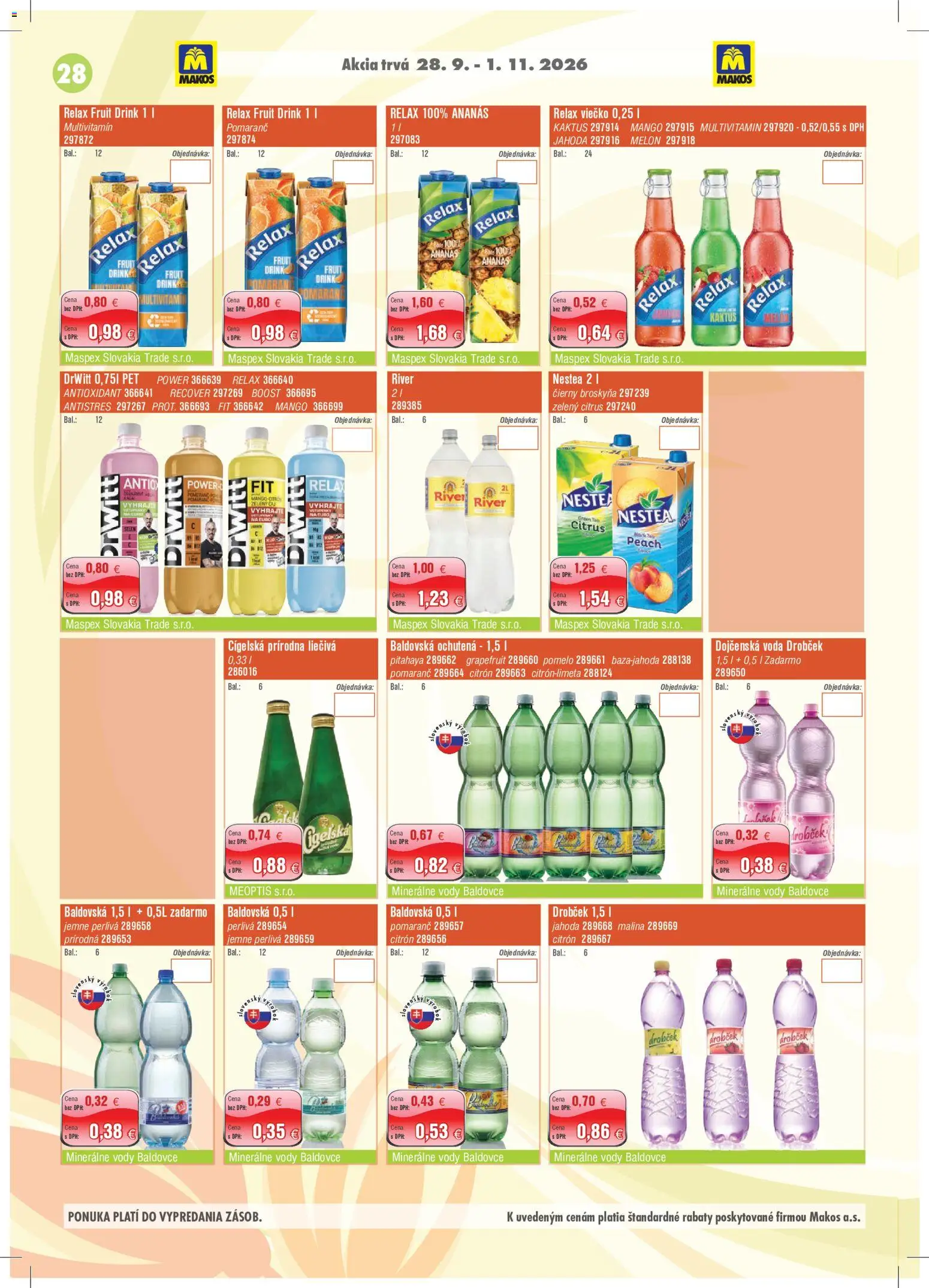 Náhľad Makos letáku platného od 28.09.2026 - Mango, Voda, Pomelo, Multivitamín, Baldovská, Ananás, Melón, Dojčenská voda