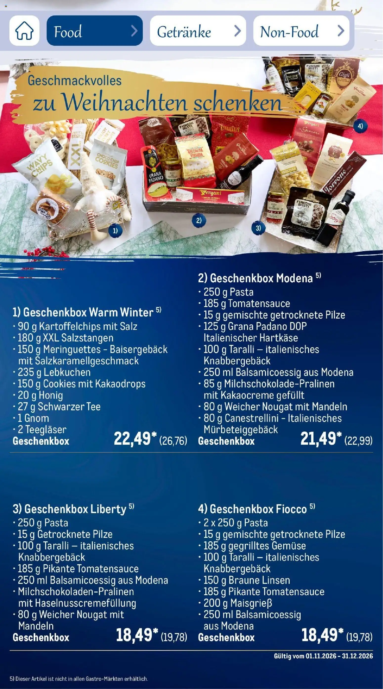 Vorschau von dem Prospekt des Geschäftes Metro, gültig ab dem 01.11.2026 - Chips, Pasta, Tee, Gemüse, Grana Padano, Mandeln, Salz