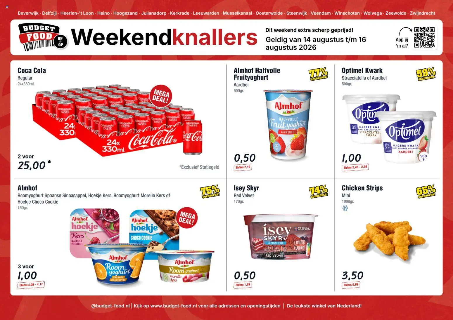 Voorbeeld van Budget Food folder - Weekendfolder van winkel Budget Food geldig vanaf 14-08-2026 - Coca Cola, Aardbei, Fruit, Yoghurt, Kwark, Strips, Magere kwark, Magere yoghurt