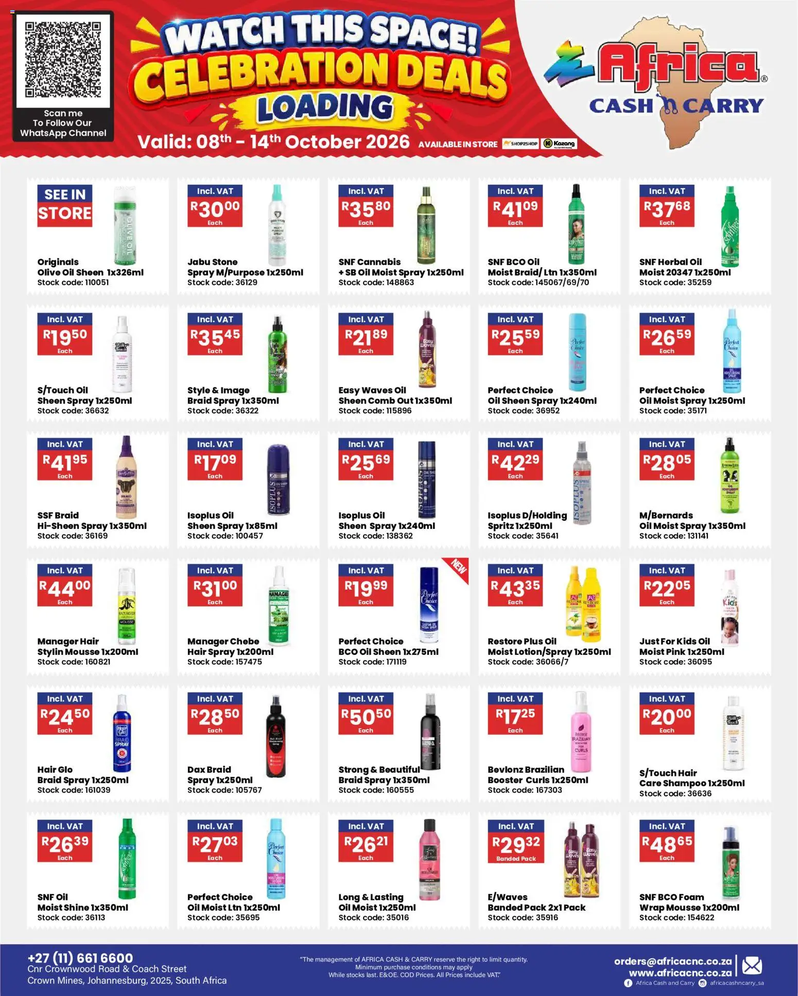 Preview of Africa Cash & Carry flyer valid from 08/10/2026 - Watch, Oil, Stock, Shampoo, Foam, Hair spray