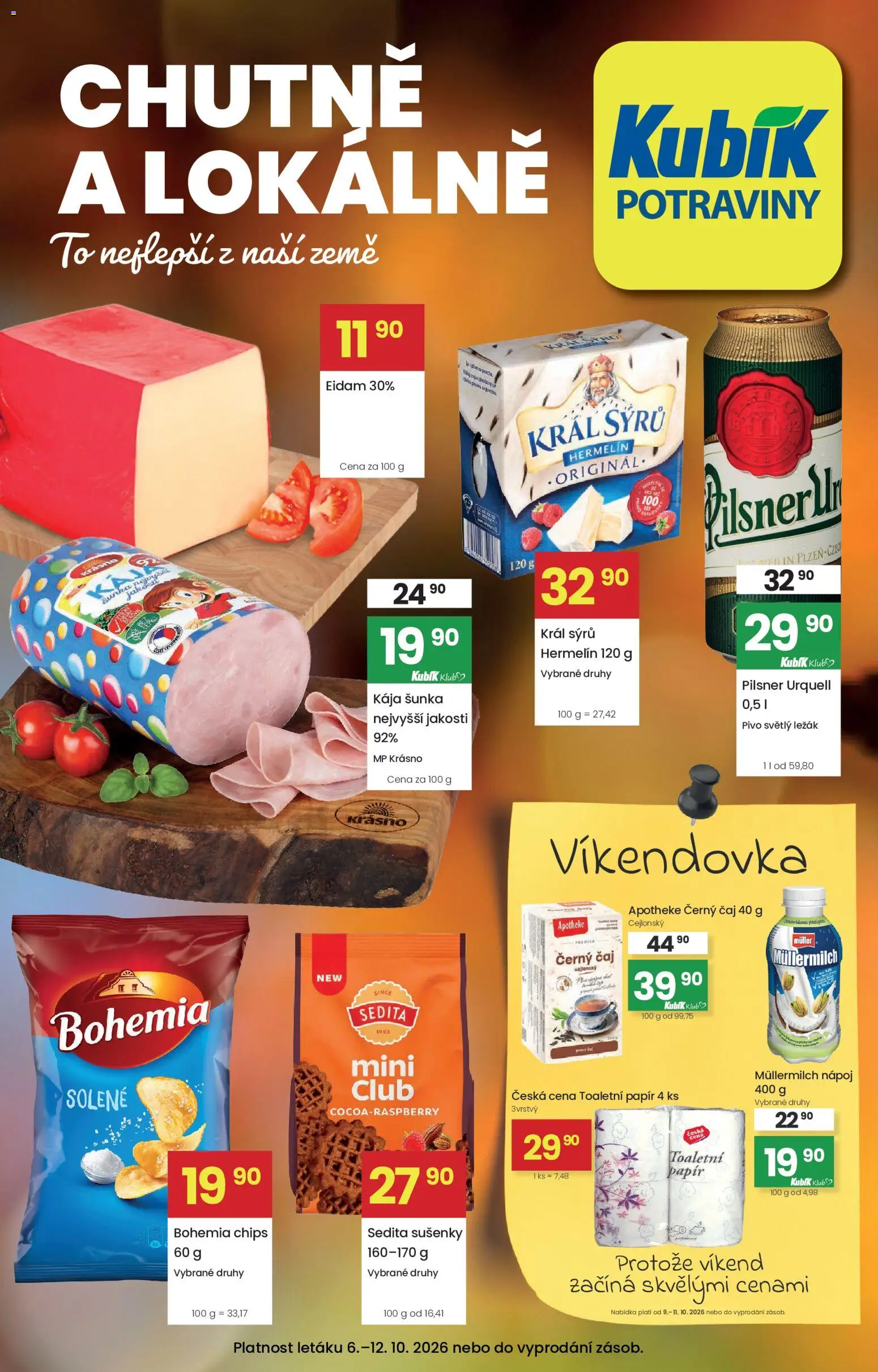 Náhled nabídky: Kubík Kubík leták platný od 06.10.2026 - Potraviny, Pilsner Urquell, Hermelín, Šunka, Toaletní papír, Pilsner, Černý čaj, Müllermilch
