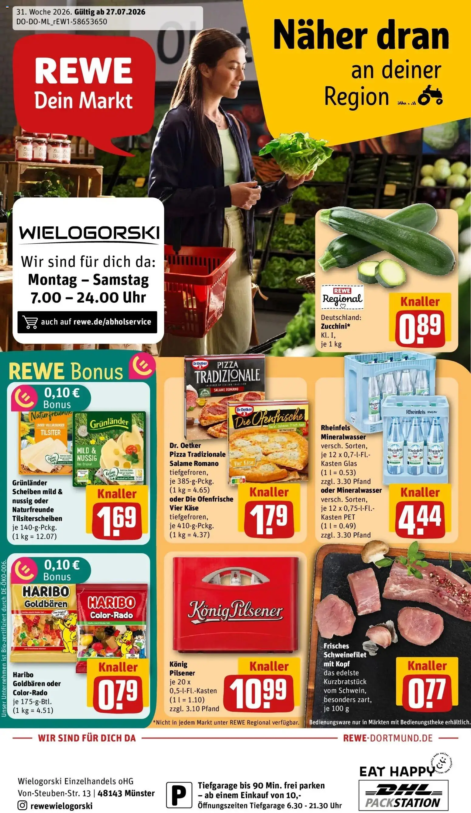 Vorschau von dem Prospekt des Geschäftes Rewe, gültig ab dem 27.07.2026 - Pizza, Uhr, Käse, Haribo, Mineralwasser, Schweinefilet, Ofenfrische, Grunlander