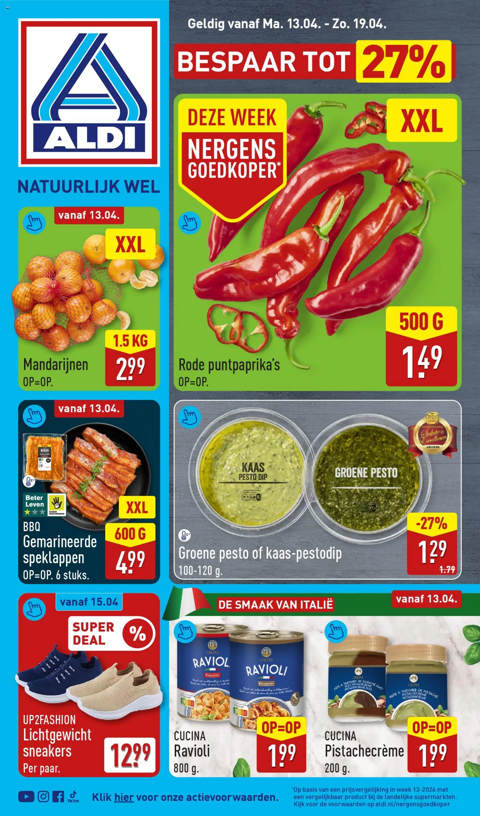 Voorbeeld van Aldi folder week 16 van winkel Aldi geldig vanaf 13-04-2026 - Sneakers, Kaas, Pesto, Mandarijnen, Pâté, Dip