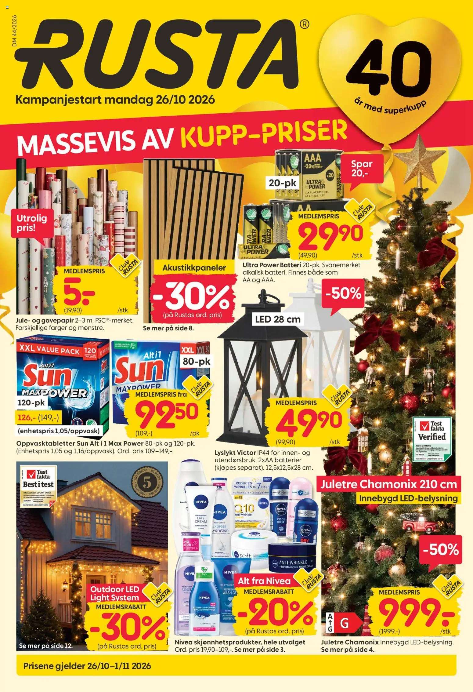 Forhåndsvis Rusta kundeavis fra butikk Rusta gyldig fra 26/10/2026 - Oppvasktabletter, Juletre, Batterier, 1, Batteri, Gavepapir