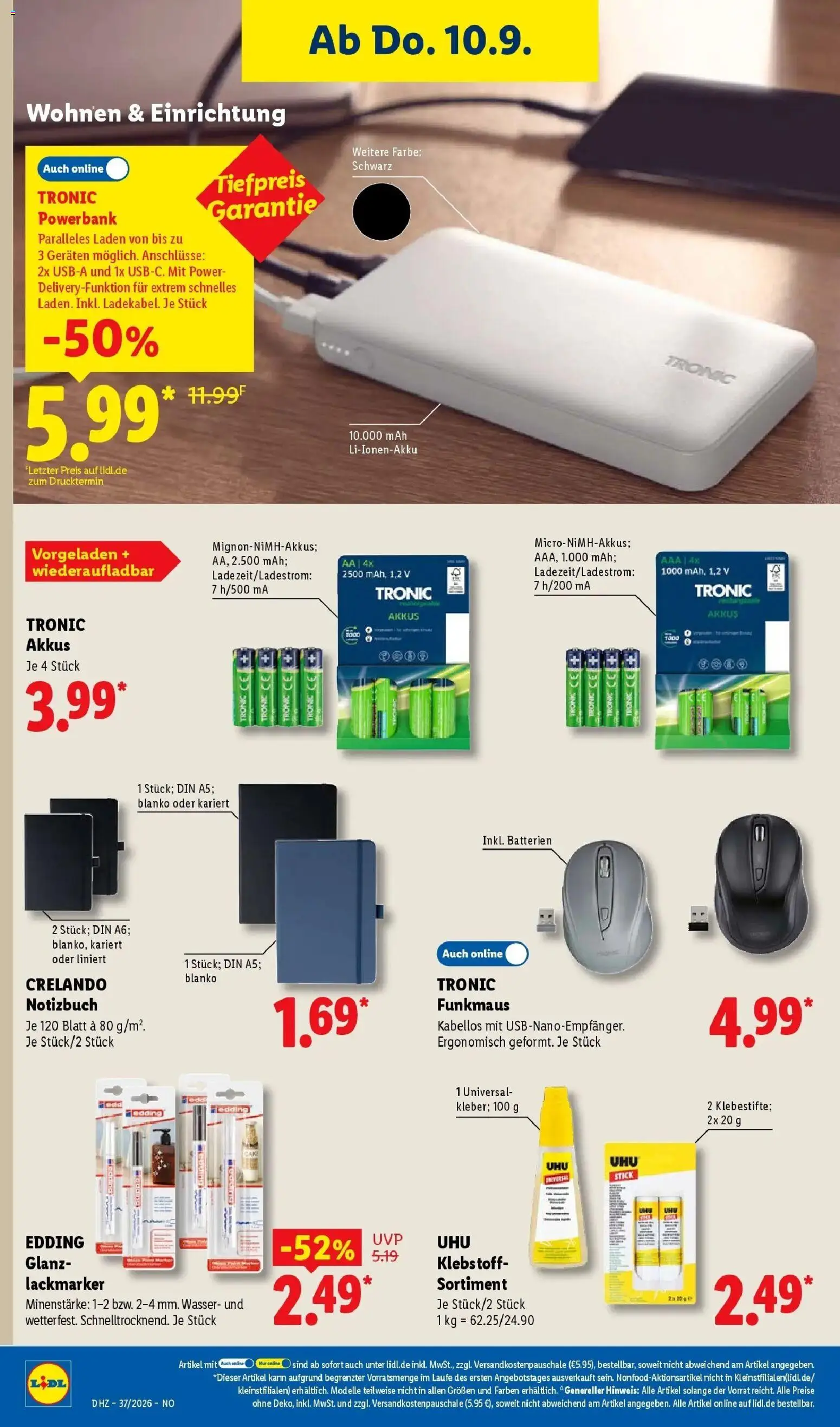 Vorschau von dem Prospekt des Geschäftes Lidl, gültig ab dem 07.09.2026 - Wasser, Powerbank, Batterien, Notebook, Notizbuch