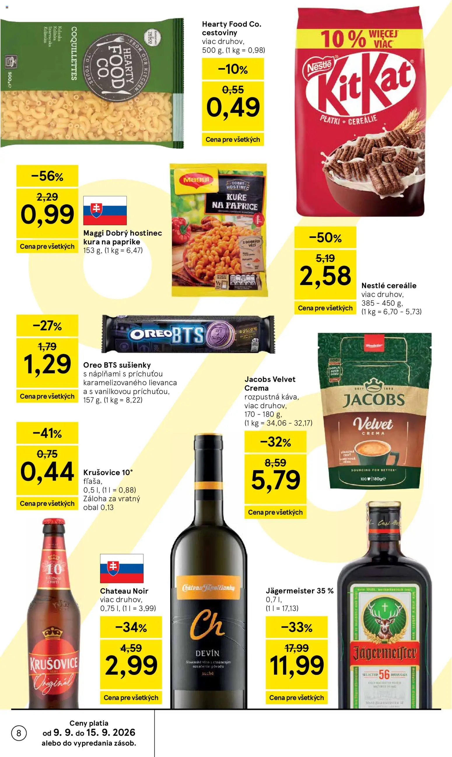 Náhľad Tesco letáku platného od 09.09.2026 - Cestoviny, Jägermeister, Oreo, Krušovice, Jacobs Velvet, Sušienky, Cereálie