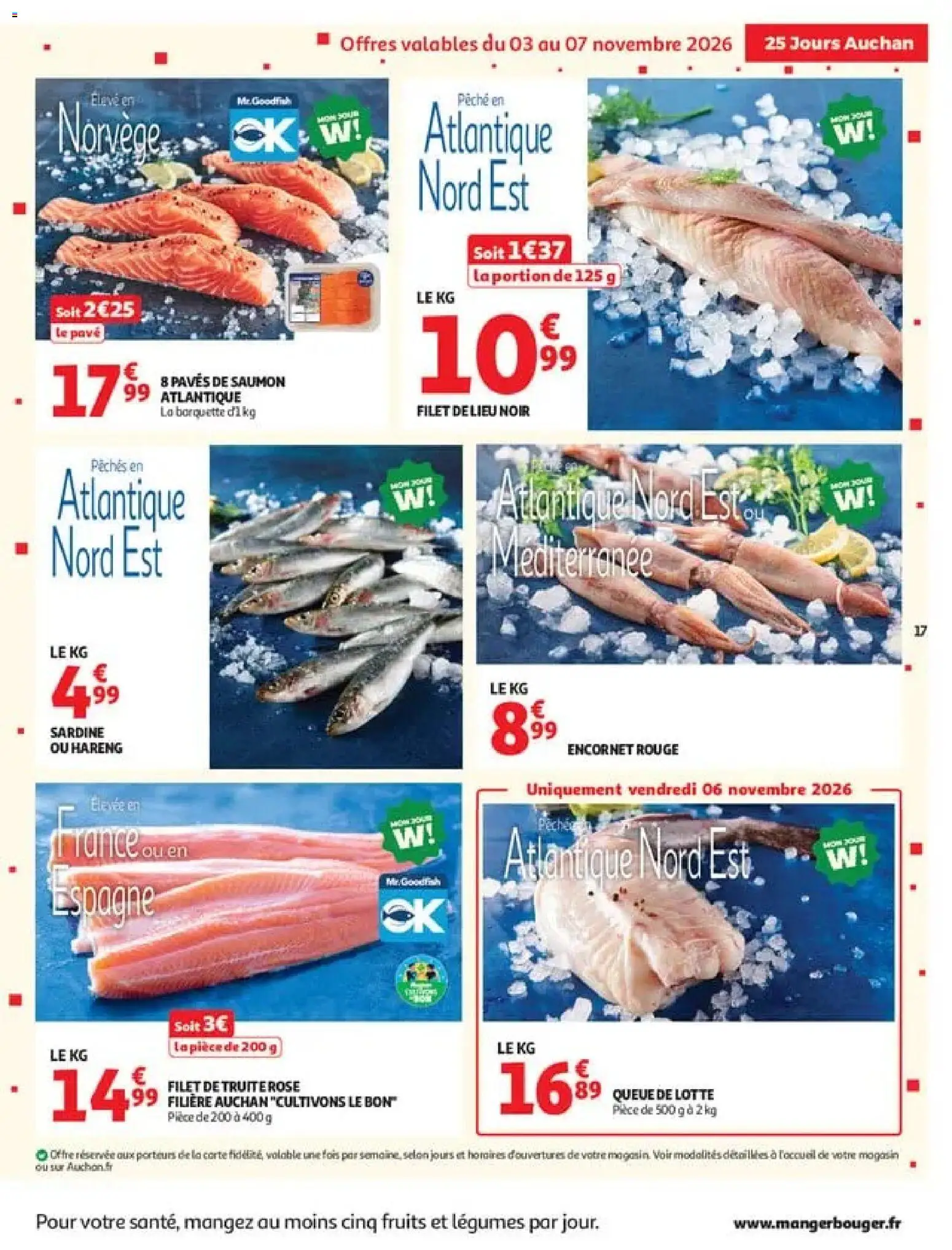 Prévisualisation de Auchan 25 jours 2 hypers du magasin Auchan formulaire valide 03/11/2026 - Fruits, Pêche, Pêches, Saumon, Sardine, Truite, Hareng, Queue de lotte