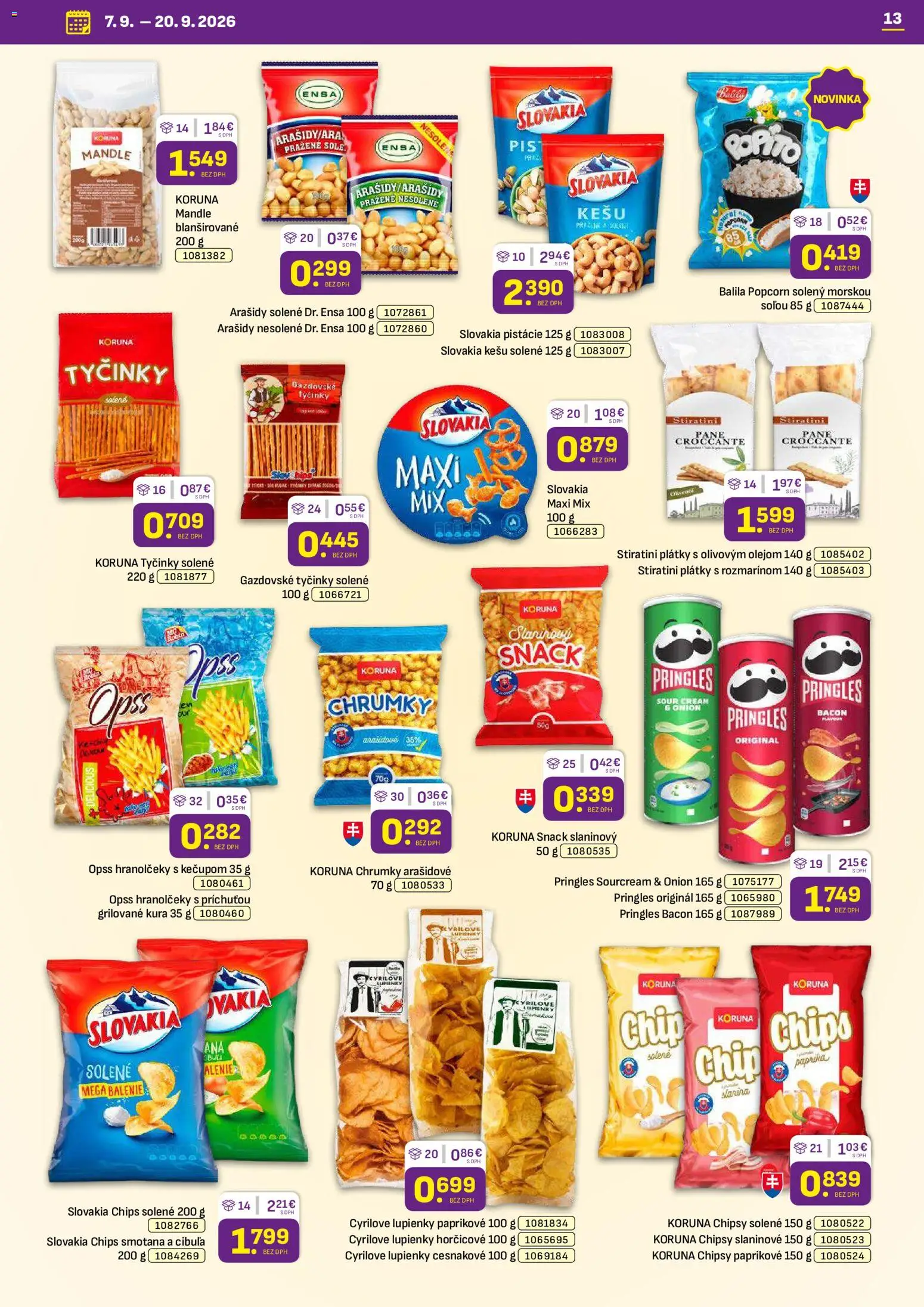Náhľad Libex letáku platného od 07.09.2026 - Mandle, Popcorn, Pringles, Cibuľa, Chipsy, Smotana, Kešu, Pistácie