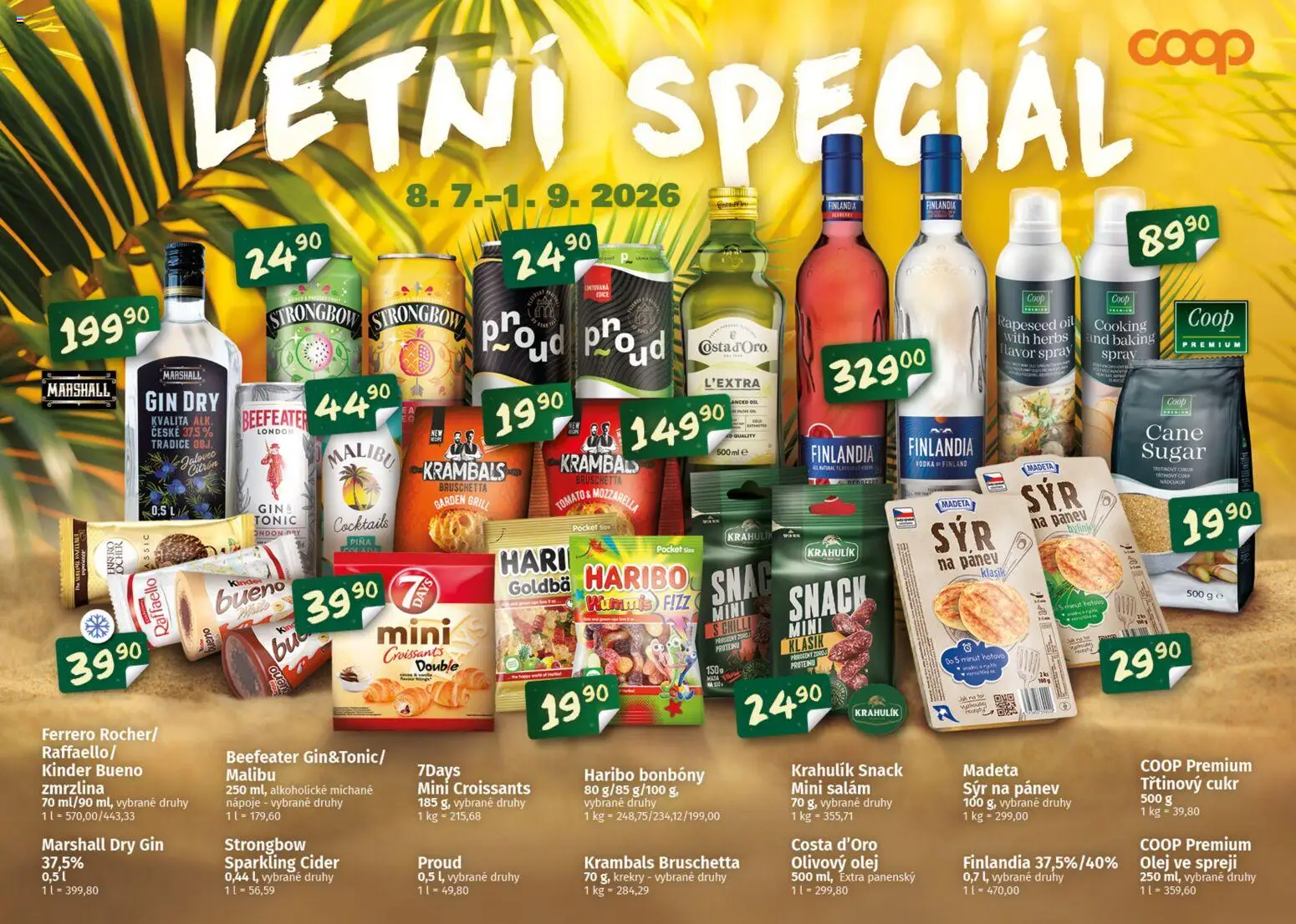 Náhled nabídky: Coop Coop leták - Delikates Letní speciál platný od 08.07.2026 - Sýr, Kinder, Haribo, Olej ve spreji, Kinder Bueno, Strongbow, Nápoje, Sýr na pánev