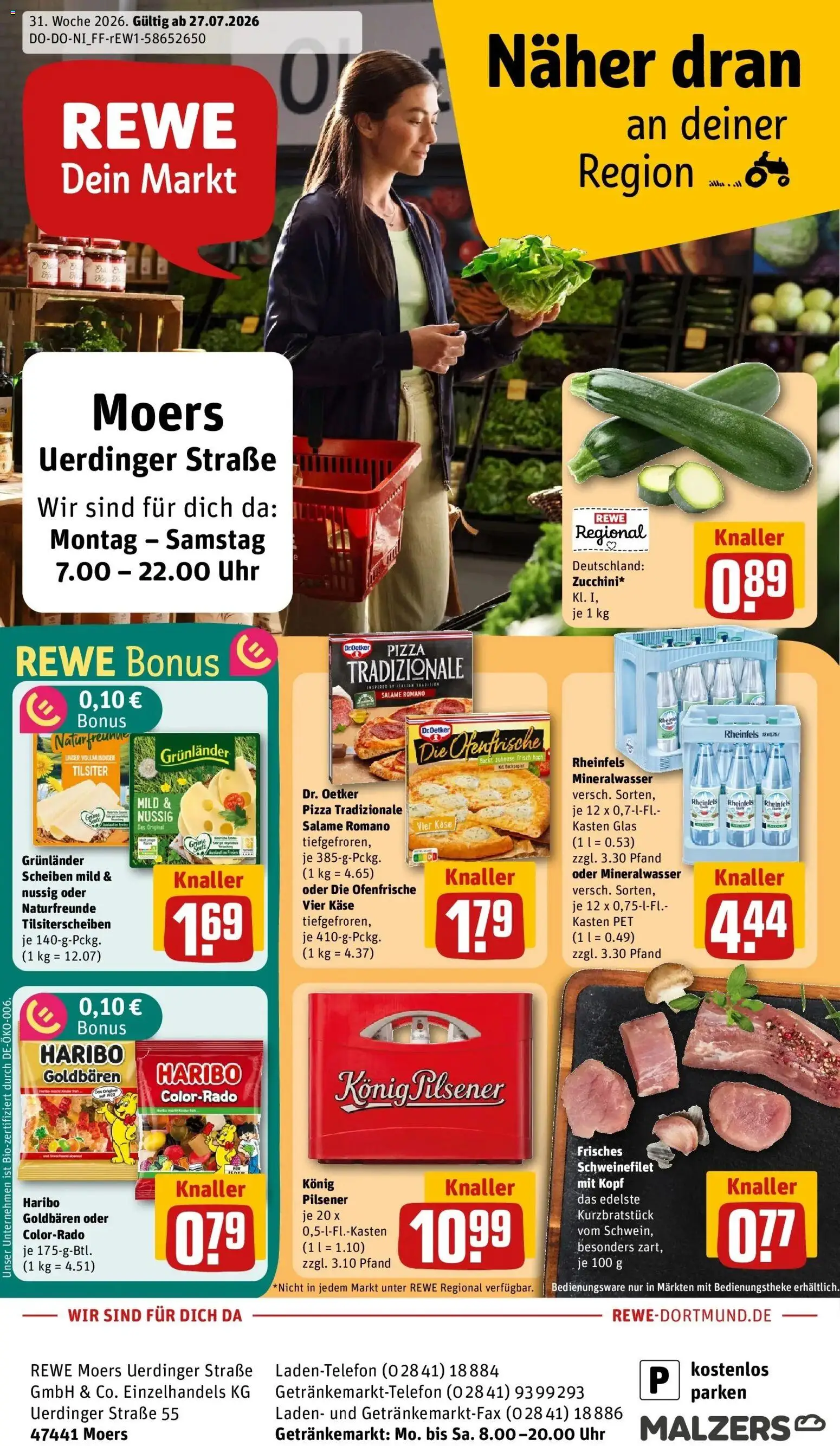 Vorschau von dem Prospekt des Geschäftes Rewe, gültig ab dem 27.07.2026 - Pizza, Uhr, Käse, Haribo, Mineralwasser, Schweinefilet, Ofenfrische, Grunlander