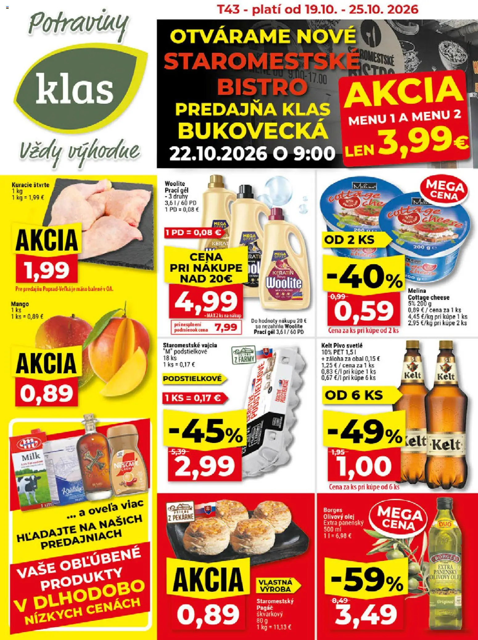 Náhľad Klas letáku platného od 19.10.2026 - Mango, Mäso, Olej, Olivový olej, Vajcia, Kelt, Kuracie štvrte, Prací gél