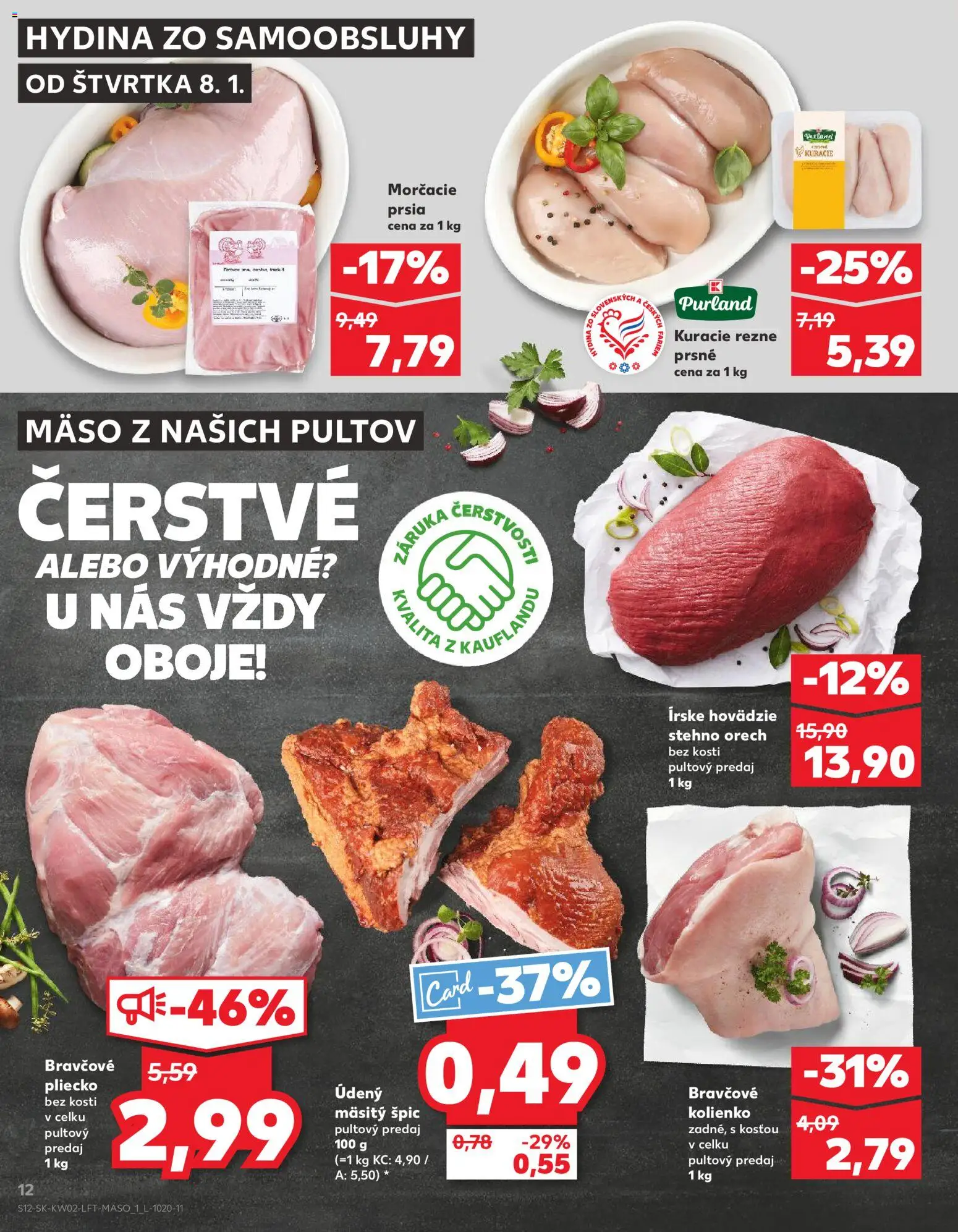 Náhľad Kaufland letáku platného od 08.01.2026 - Mäso, Kuracie rezne, Morčacie prsia, Bravčové pliecko, Hovädzie stehno