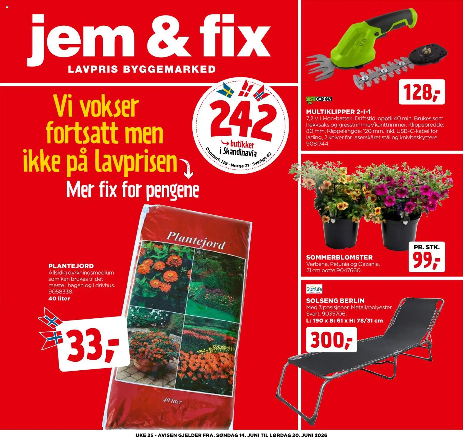Forhåndsvis Jem & Fix kundeavis fra butikk Jem & Fix gyldig fra 14/06/2026 - Plantejord, Hekksaks, Solseng