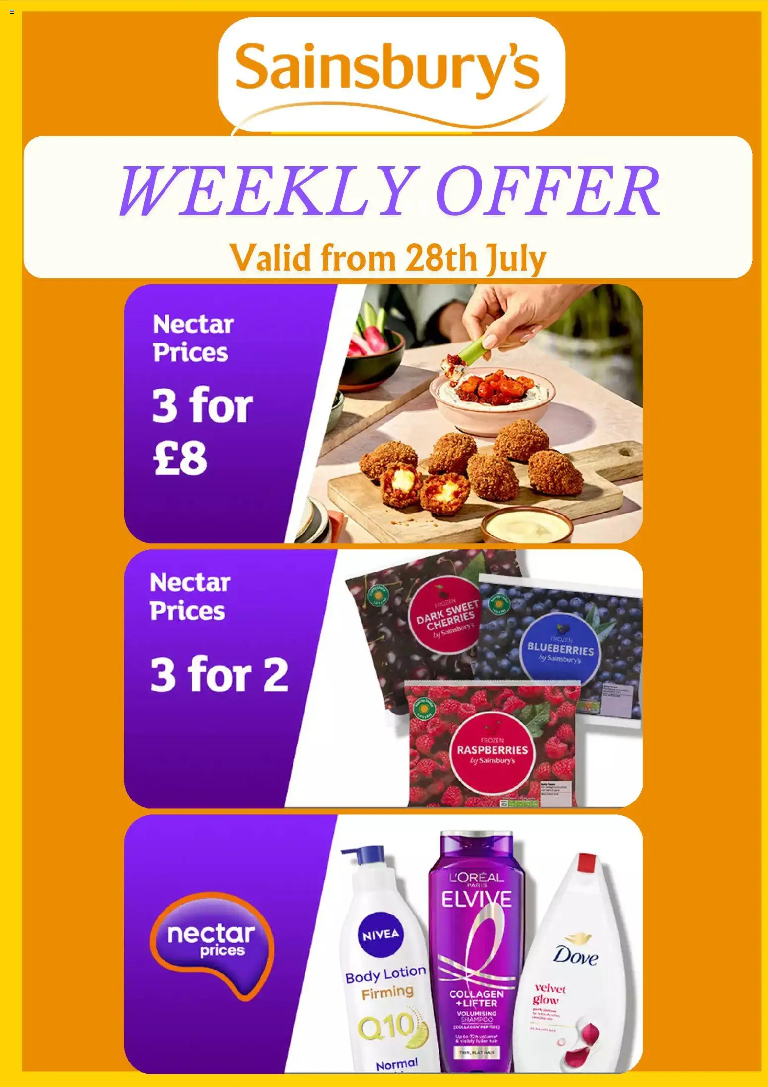 Preview of Sainsbury's Sainsbury's - Offers valid from 28/07/2026 - Blueberries, Shampoo, Raspberries, Body lotion, Frozen blueberries, Frozen raspberries