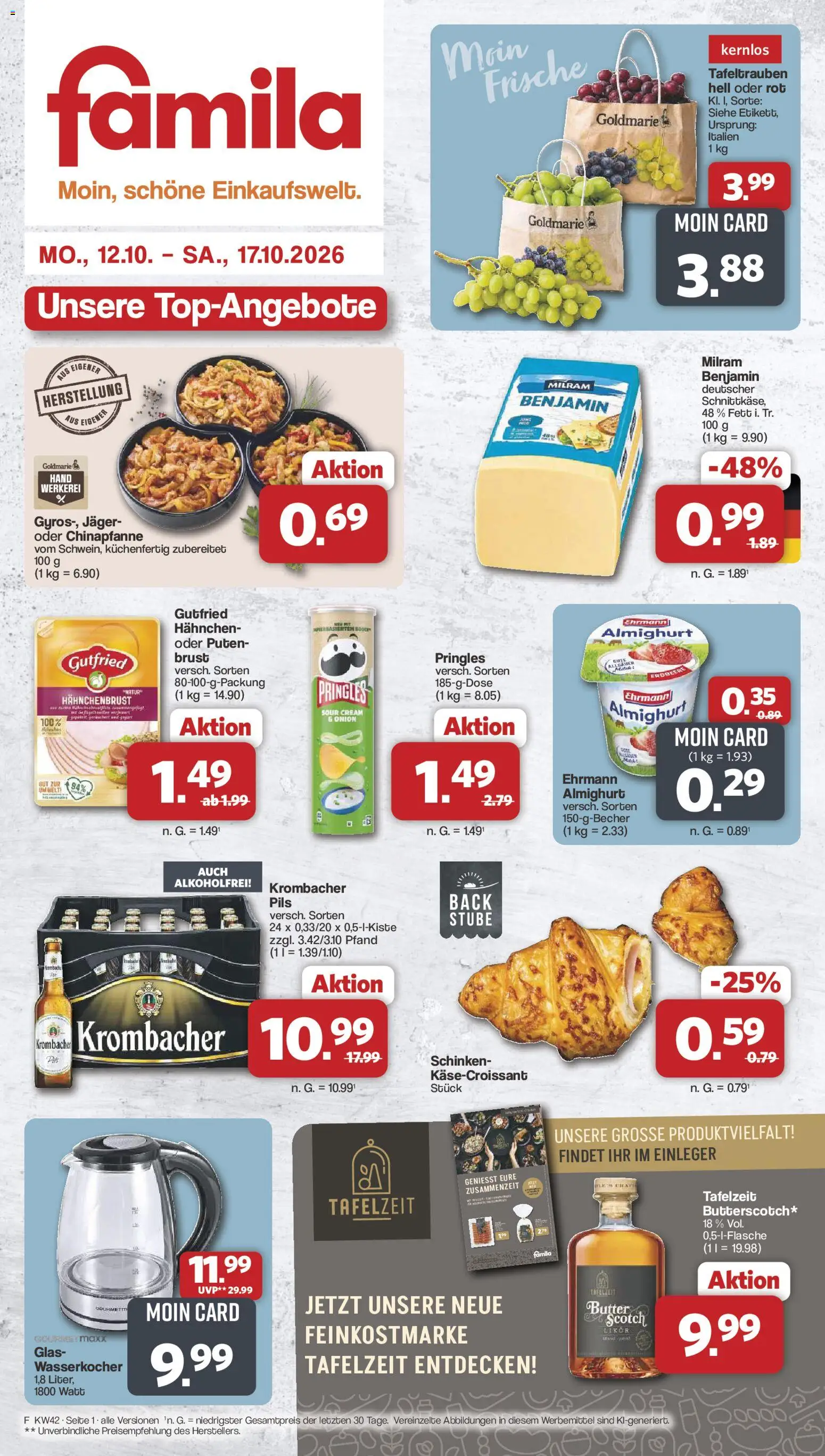 Vorschau von dem Prospekt des Geschäftes Famila Nordwest, gültig ab dem 12.10.2026 - Butter, Wasserkocher, Krombacher, Likör, Pils, Milram, Hahnchen, Hahnchenbrust