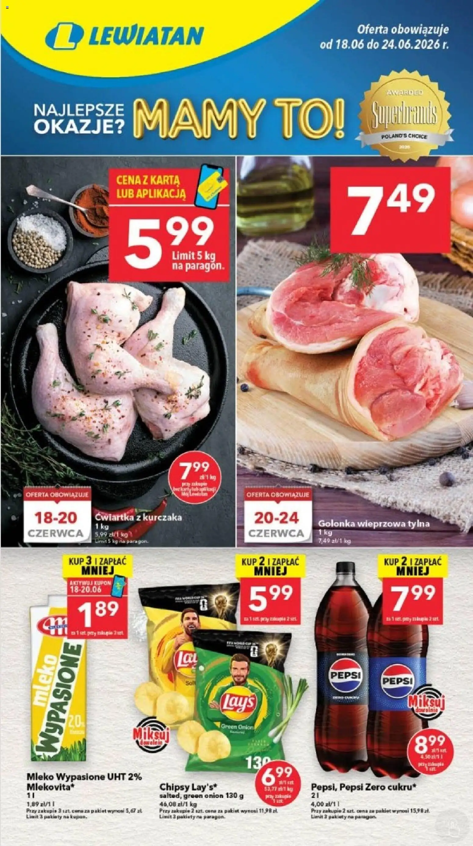 Pogląd gazetki "Lewiatan gazetka - Gdańsk" ze sklepu Lewiatan ważnej od 18.06.2026 - Mleko, Golonka, Pepsi, Karta, Ćwiartka z kurczaka, Pepsi Zero, Golonka wieprzowa, Mleko wypasione
