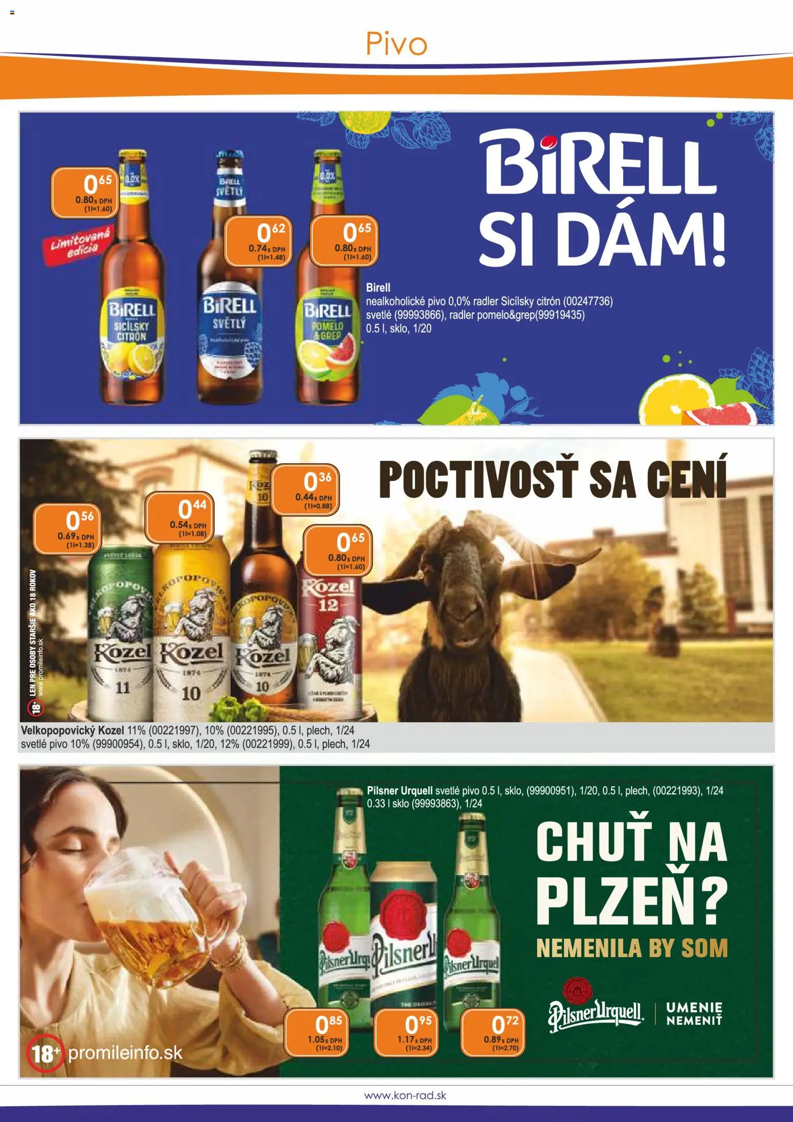 Náhľad KON - RAD letáku platného od 01.10.2026 - Pivo, Pilsner Urquell, Pomelo, Birell, Radler, Grep, Nealkoholické pivo