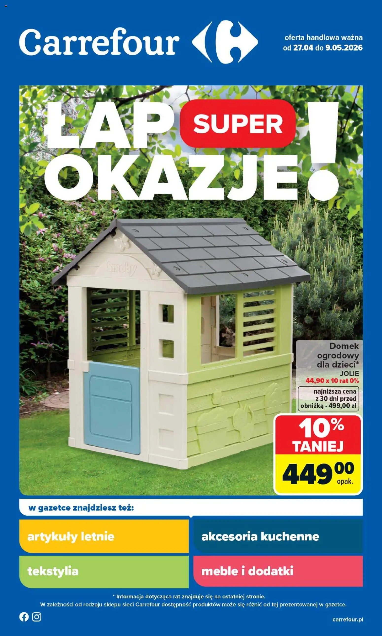 Pogląd gazetki "Carrefour gazetka - Łap super okazje" ze sklepu Carrefour ważnej od 27.04.2026 - Domek ogrodowy, Tekstylia