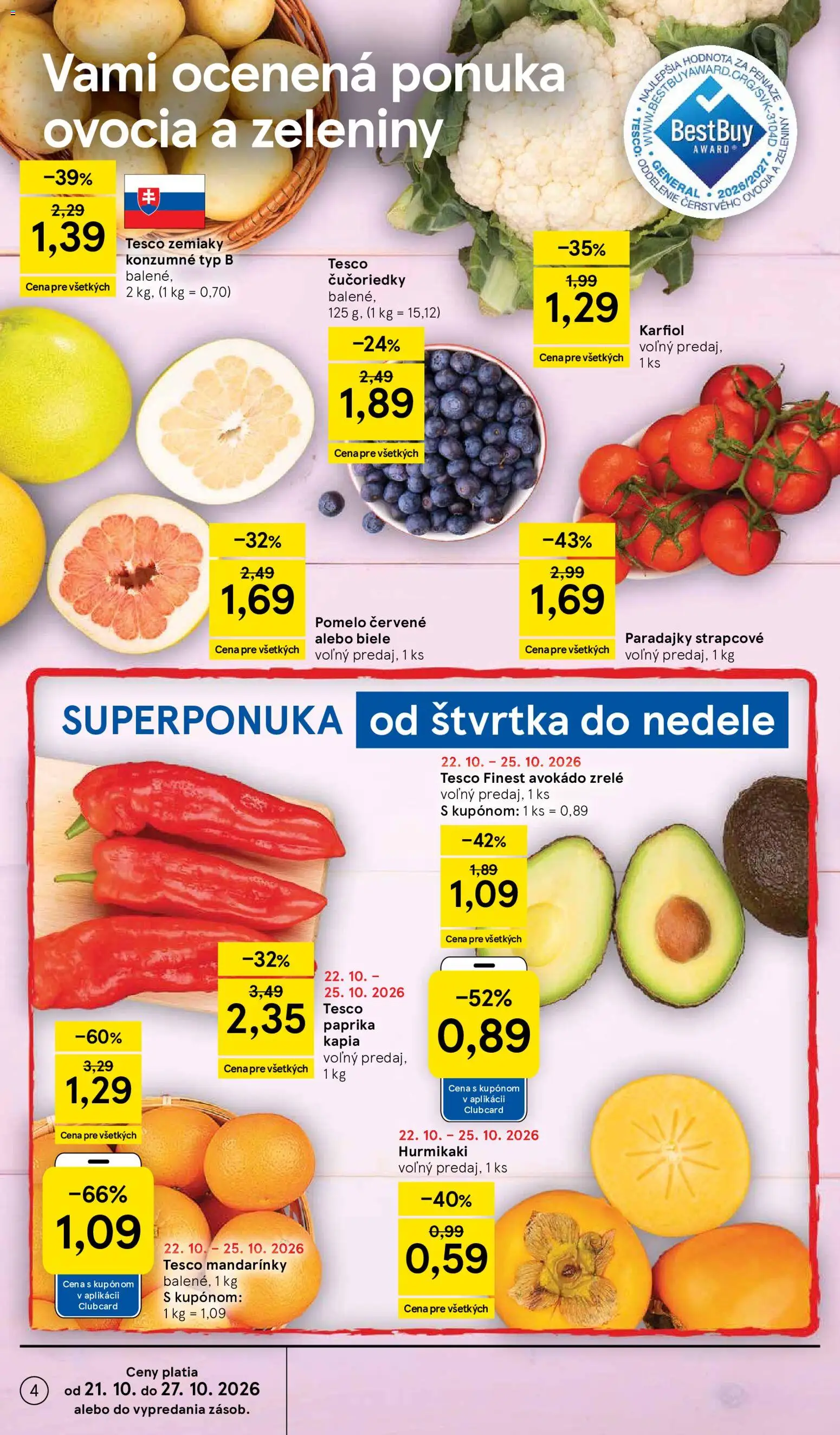 Náhľad Tesco letáku platného od 21.10.2026 - Hurmikaki, Paprika, Avokádo, Paradajky, Pomelo, Zemiaky, Mandarinky, Kápia