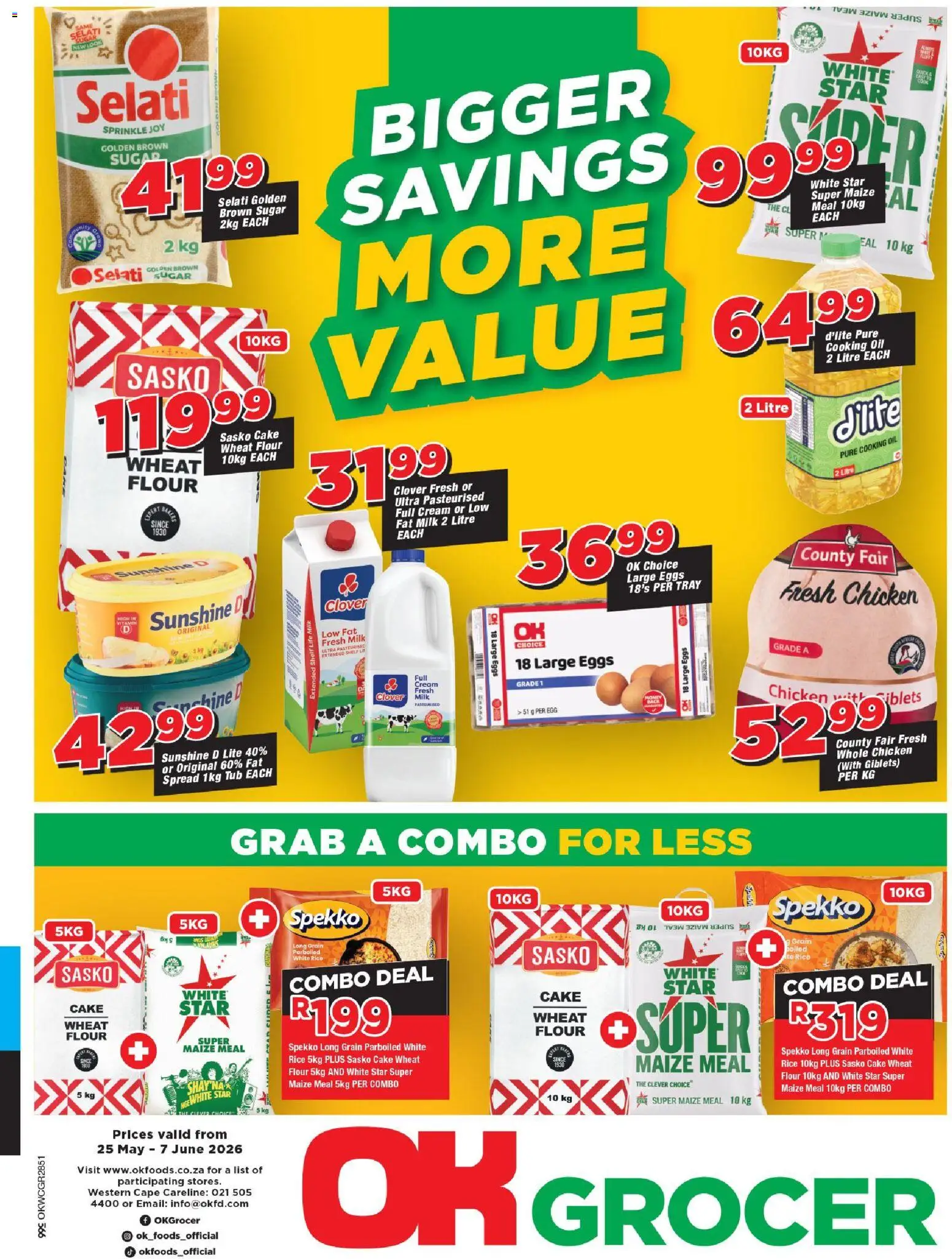Preview of OK Foods flyer valid from 25/05/2026 - Chicken, Eggs, Milk, Oil, Cream, Flour, Maize meal, Tray