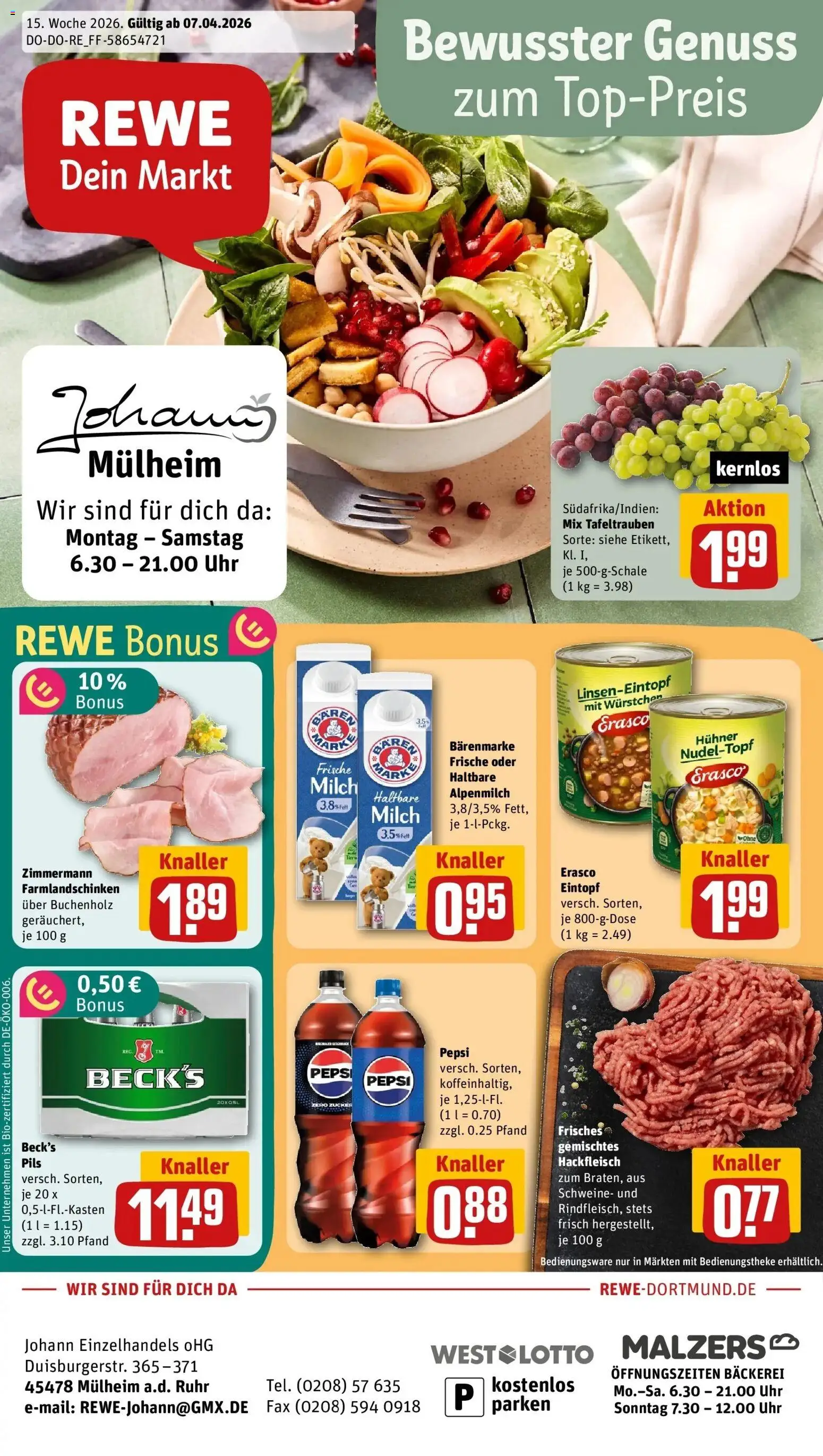 Vorschau von dem Prospekt des Geschäftes Rewe, gültig ab dem 05.04.2026 - Bäckerei, Uhr, Milch, Hackfleisch, Zucker, Pepsi, Pils, Erasco
