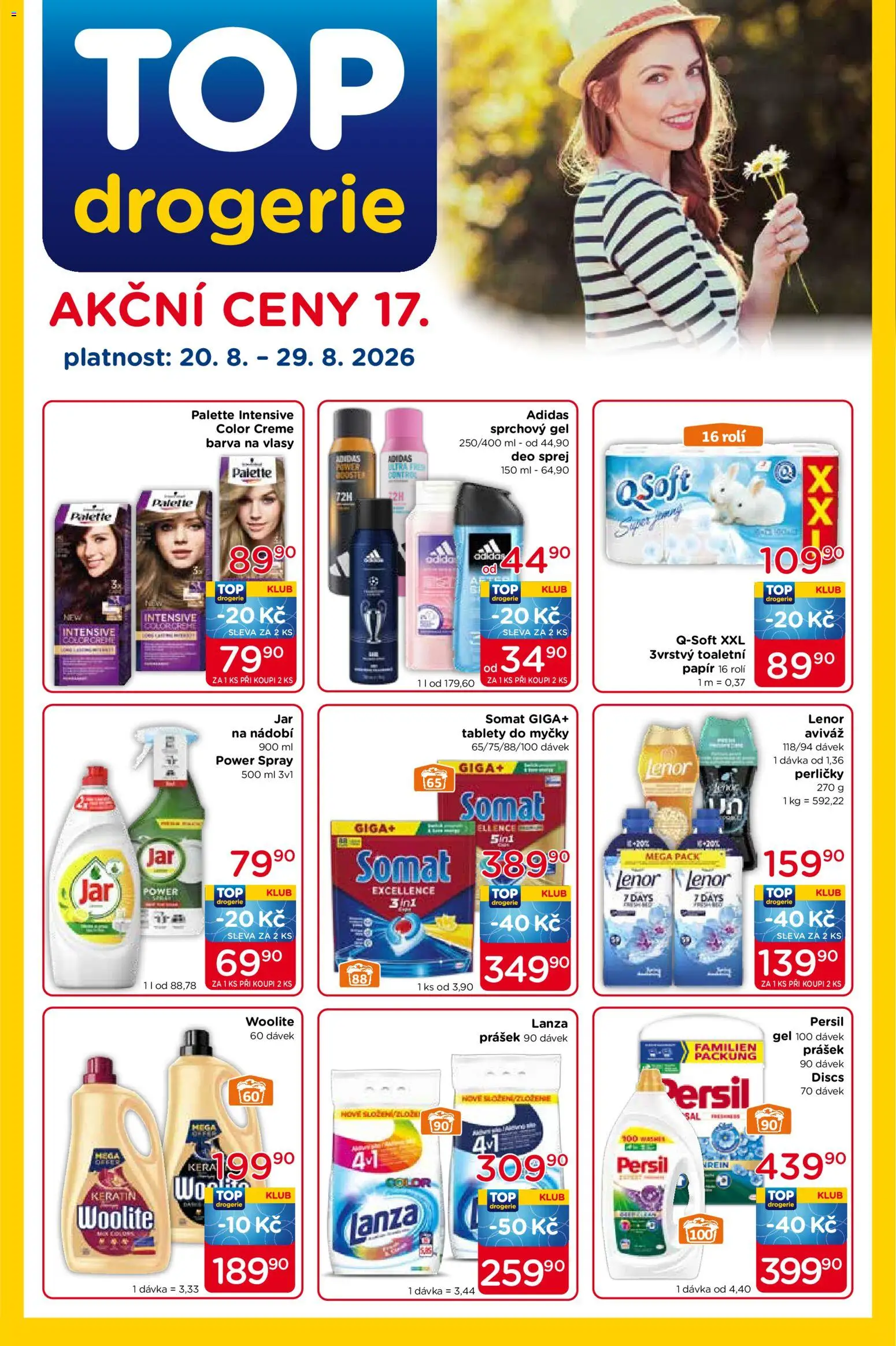 Náhled nabídky: Top drogerie Top drogerie leták platný od 20.08.2026 - Drogerie, Tablety do myčky, Sprchový gel, Aviváž, Nádobí, Lenor, Woolite, Somat