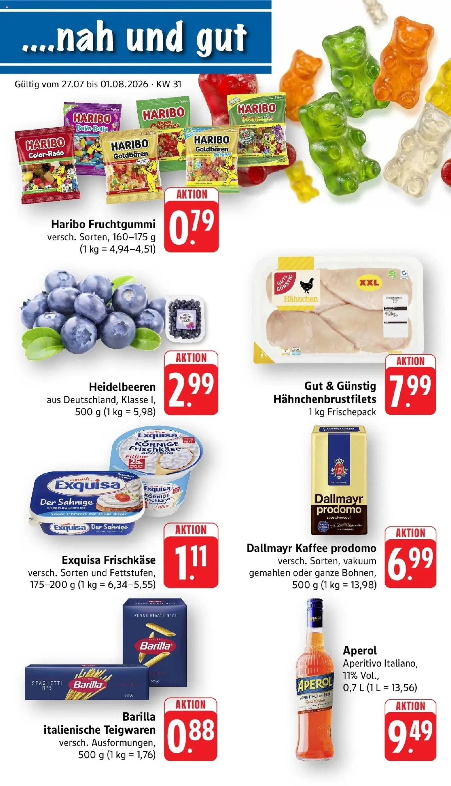 Vorschau von dem Prospekt des Geschäftes nah & gut, gültig ab dem 27.07.2026 - Kaffee, Haribo, Aperol, Spaghetti, Heidelbeeren, Barilla, Frischkase, Exquisa frischkase