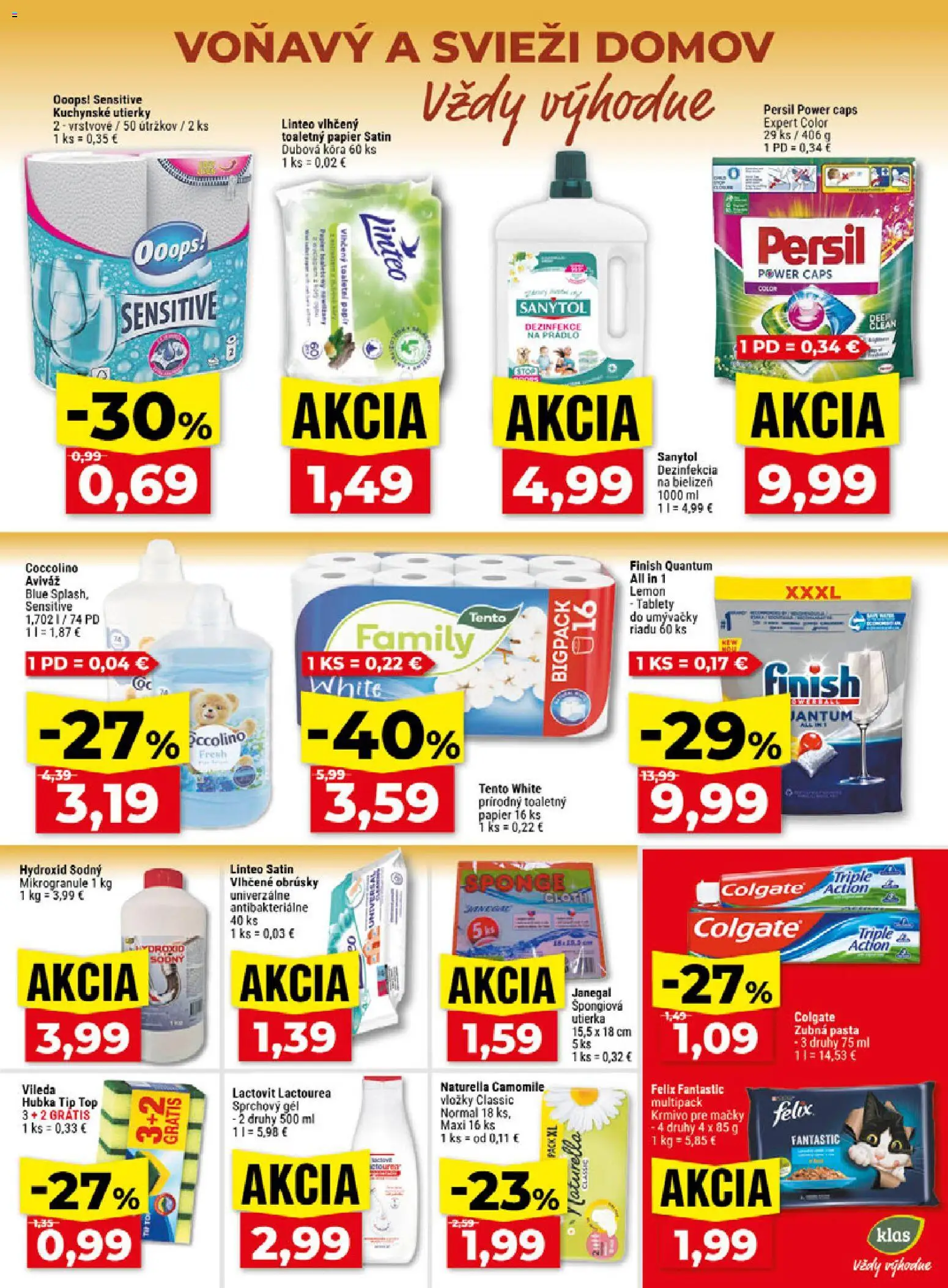 Náhľad Klas letáku platného od 05.10.2026 - Felix, Toaletný papier, Sanytol, Persil, Coccolino, Zubná pasta, Hubka, Sprchový gél