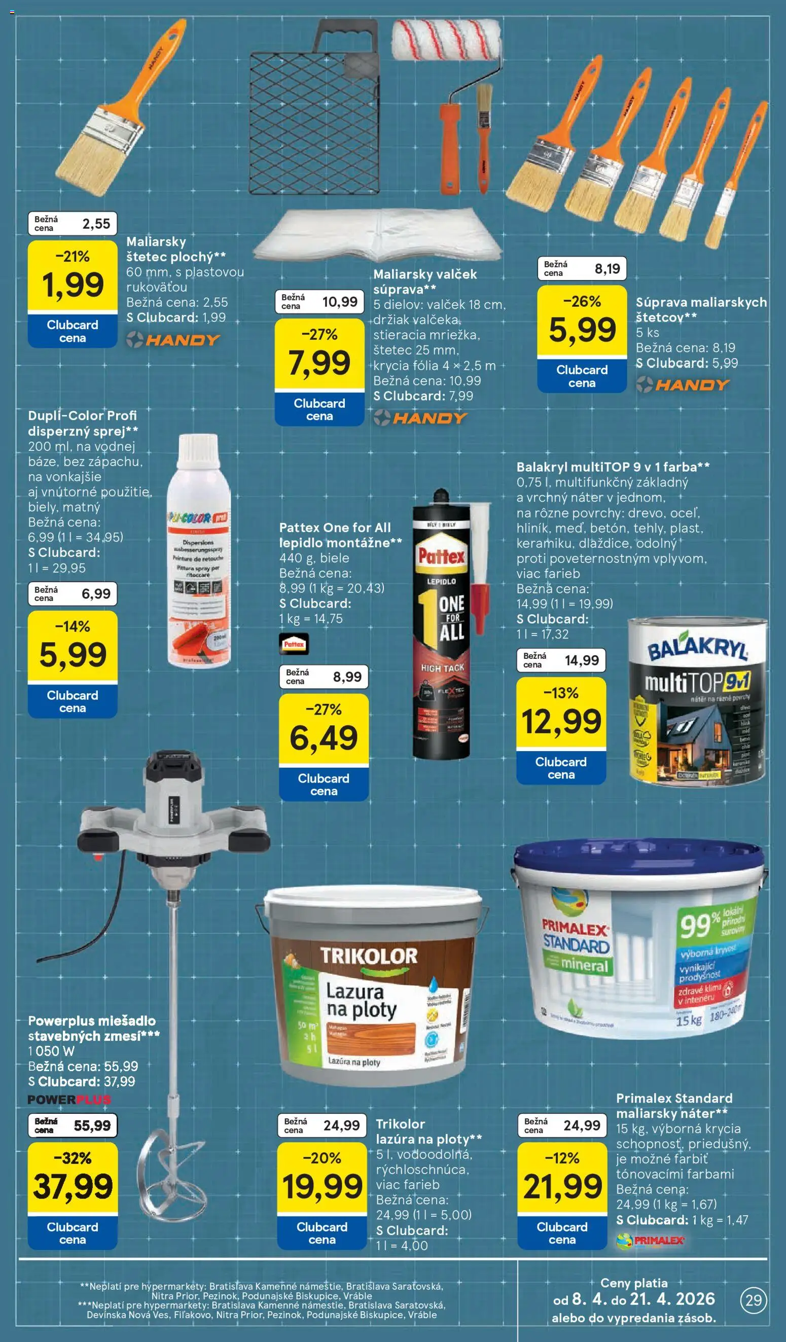 Náhľad Tesco letáku platného od 08.04.2026 - Klíma, Primalex, Mixér, Štetec, Fólia
