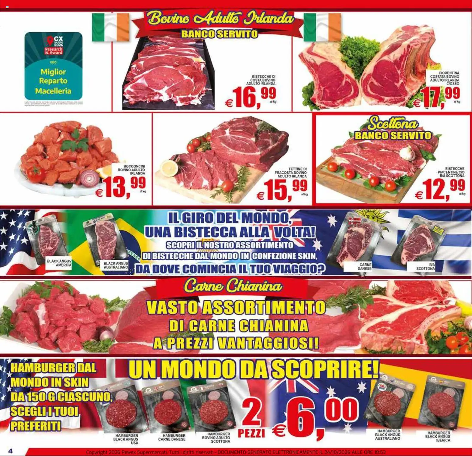 Anteprima dell'opuscolo Pewex volantino Supermercati Via Rubicone dal negozio Pewex valido da 23/10/2026 - Hamburger, Carne, Bovino, Bistecca