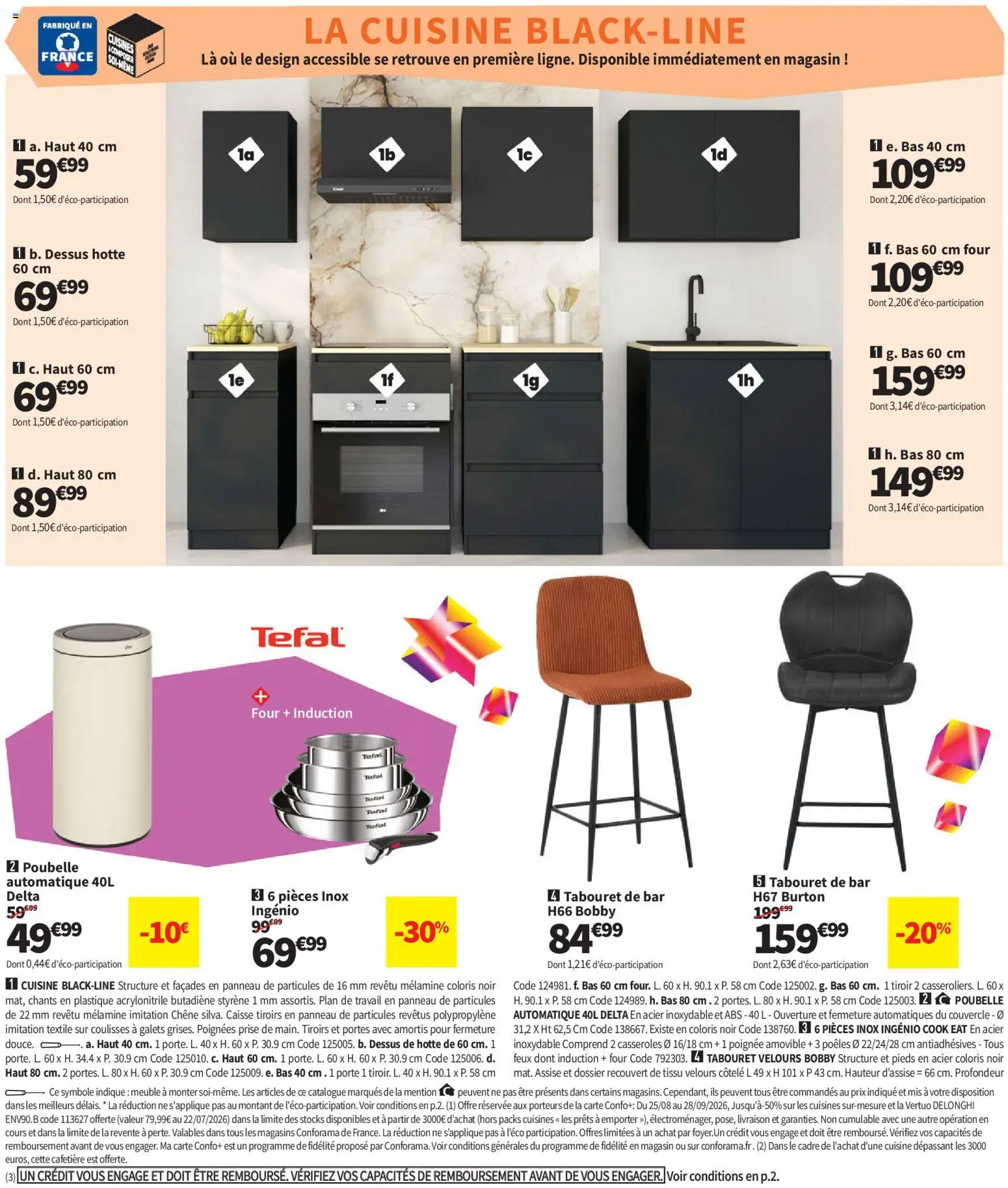 Prévisualisation de Conforama catalogue du magasin Conforama formulaire valide 25/08/2026 - Tabouret de bar, Four, Plan de travail, Porte, Casseroles, Poignées, Tiroirs, Portes
