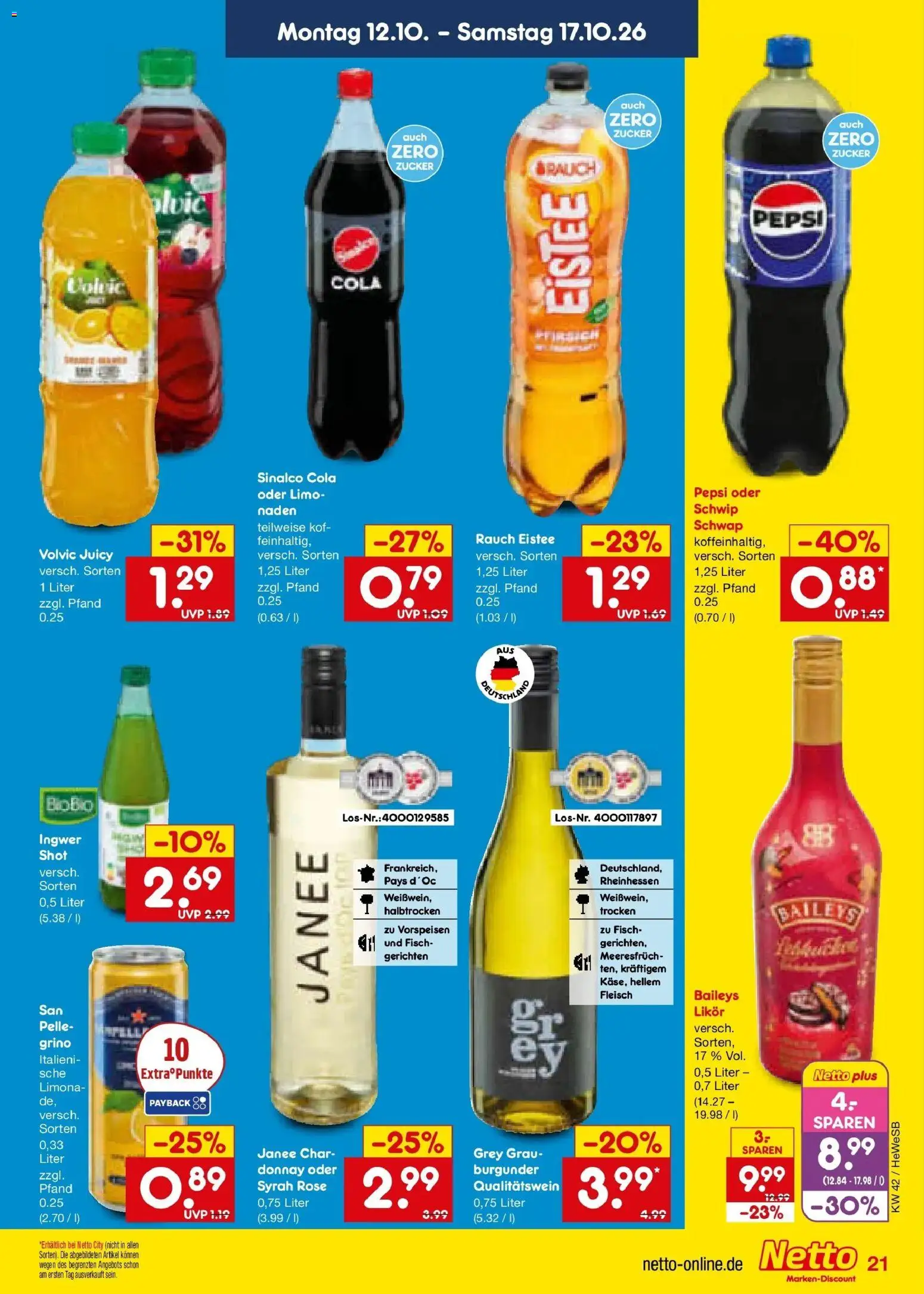 Vorschau von dem Prospekt des Geschäftes Netto Marken-Discount, gültig ab dem 12.10.2026 - Fisch, Cola, Baileys, Fleisch, Pfirsich, Zucker, Pepsi, Sinalco