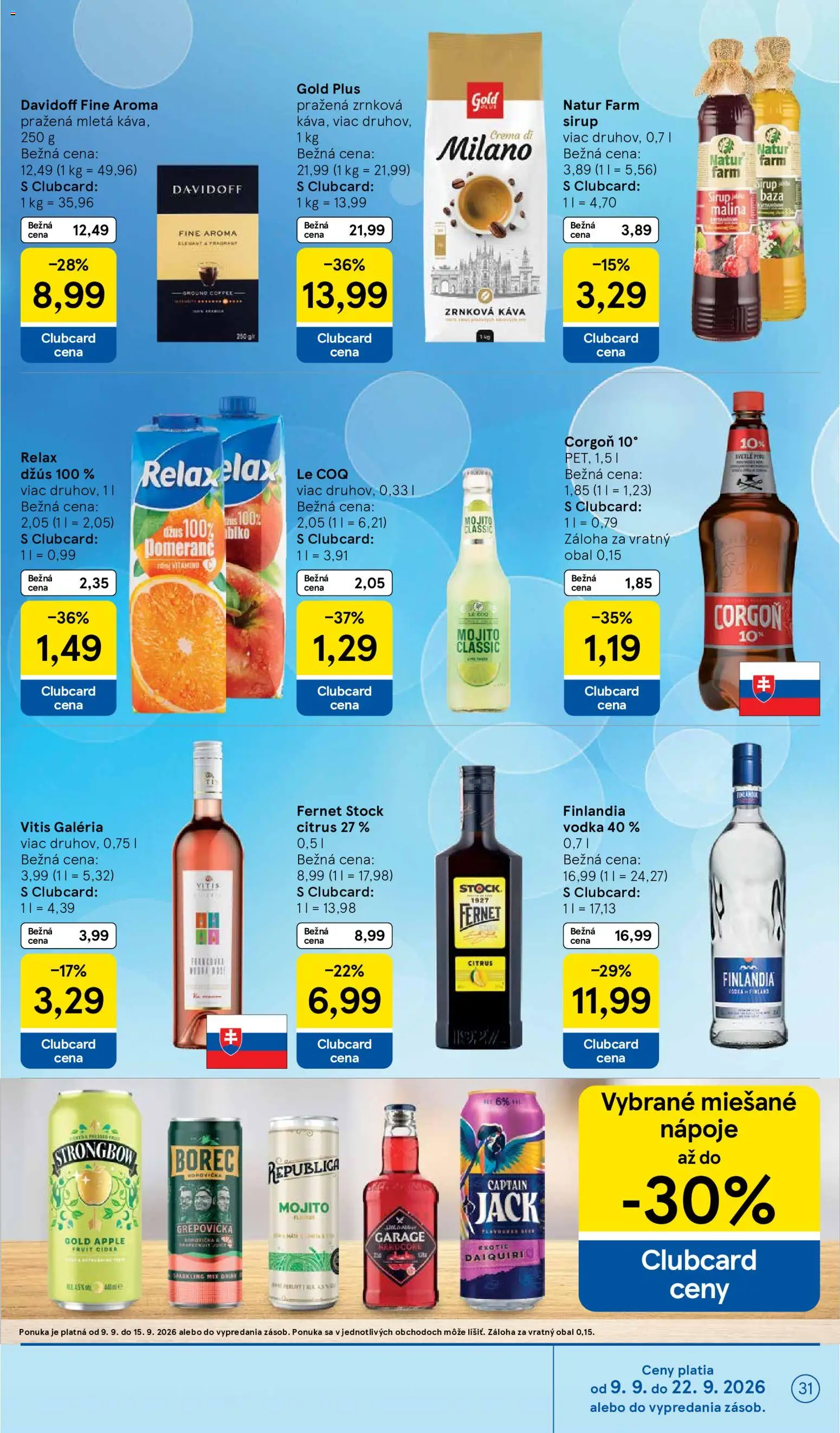 Náhľad Tesco letáku platného od 09.09.2026 - Apple, Káva, Vodka, Cider, Džús, Davidoff, Nápoje, Mletá káva