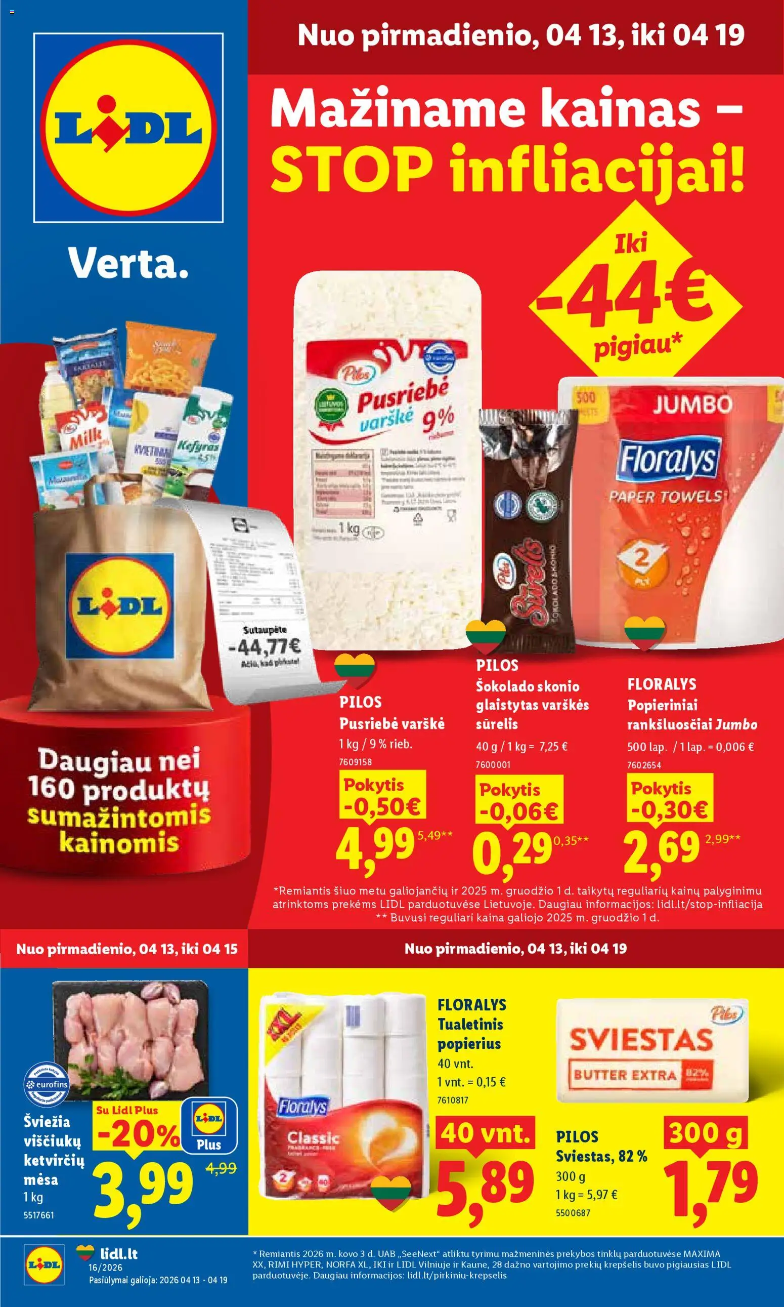 LIDL parduotuvės leidinio LIDL leidinys galiojančio nuo 2026.04.13 peržiūra - Varškė, Sviestas, Tualetinis popierius, Krepšelis, Sūrelis