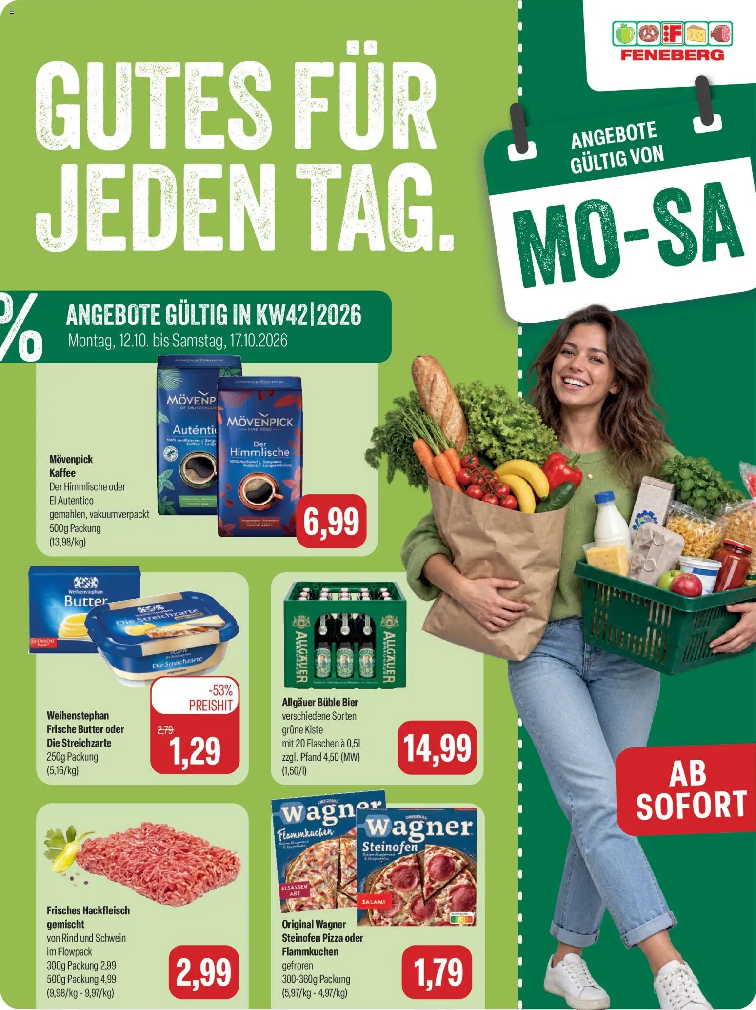 Vorschau von dem Prospekt des Geschäftes Feneberg, gültig ab dem 12.10.2026 - Pizza, Kaffee, Butter, Bier, Hackfleisch, Salami, Weihenstephan butter