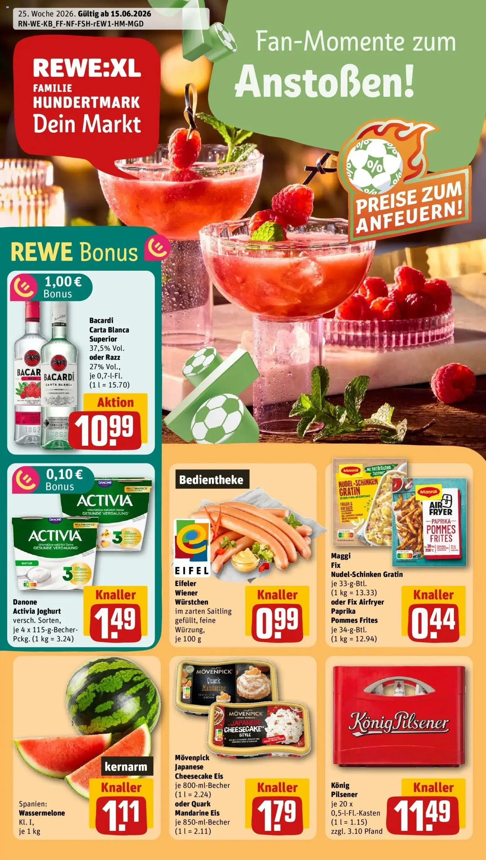 Vorschau von dem Prospekt des Geschäftes Rewe, gültig ab dem 14.06.2026 - Eis, Pasta, Maggi, Quark, Paprika, Rum, Maggi fix, Activia