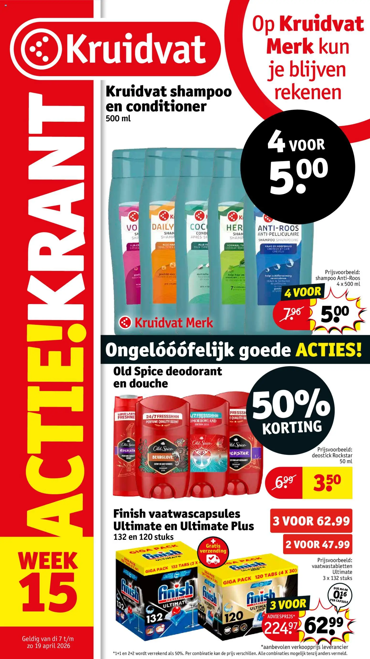 Voorbeeld van Kruidvat folder week 15 van winkel Kruidvat geldig vanaf 07-04-2026 - La, Rockstar, Douche, Vaatwastabletten, Shampoo, Deodorant, Kan, Conditioner