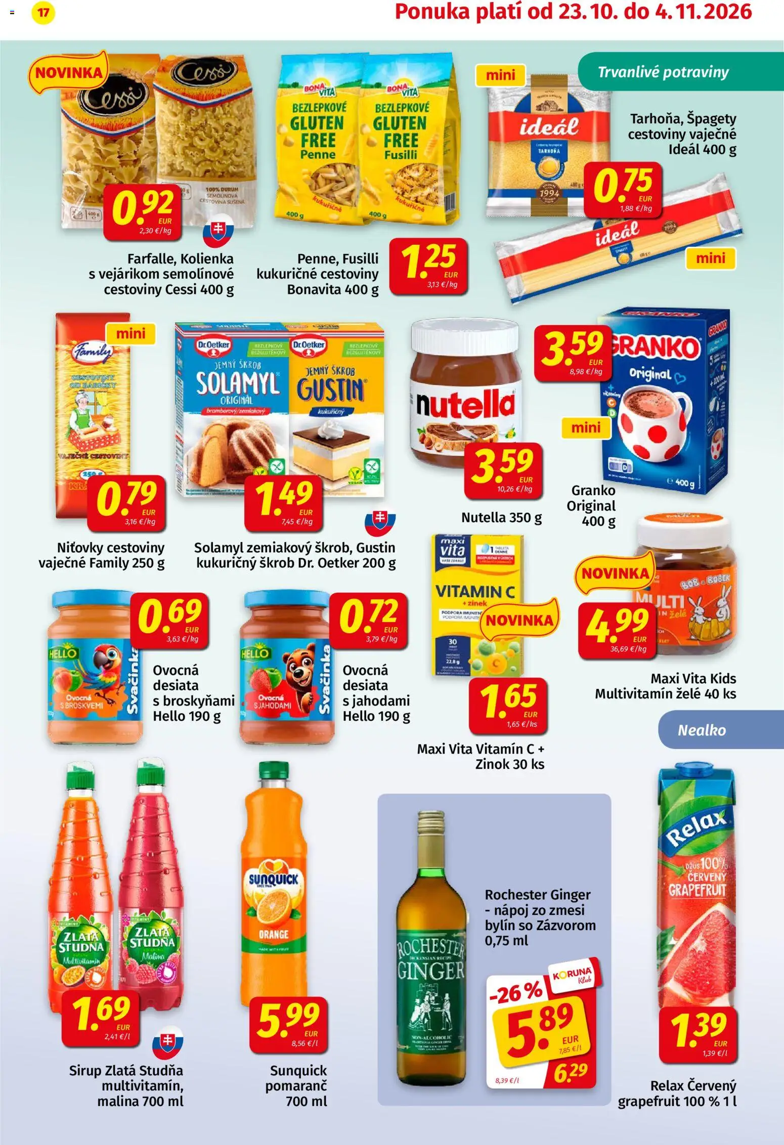Náhľad Koruna letáku platného od 23.10.2026 - Nutella, Fusilli, Tarhoňa, Sirup, Multivitamín, Grapefruit, Džús, Sunquick