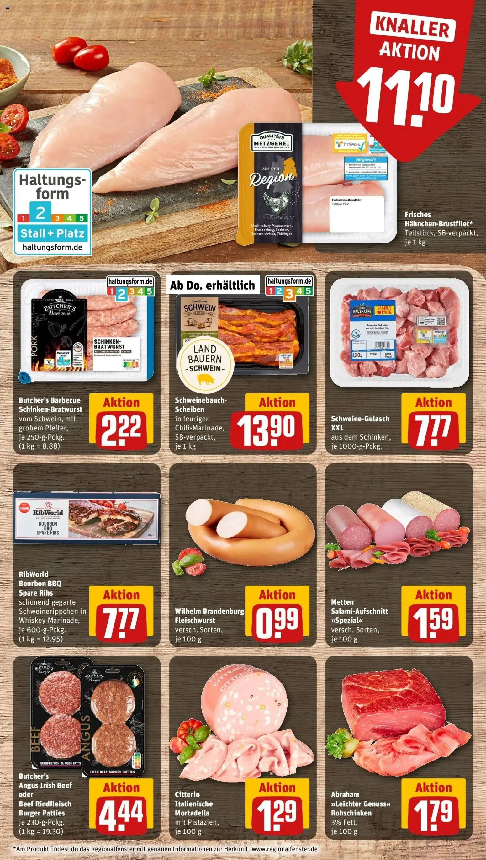 Vorschau von dem Prospekt des Geschäftes Rewe, gültig ab dem 05.04.2026 - Burger, Bratwurst, Spare ribs, Whiskey, Schinken, Rindfleisch, Schweinebauch, Bourbon