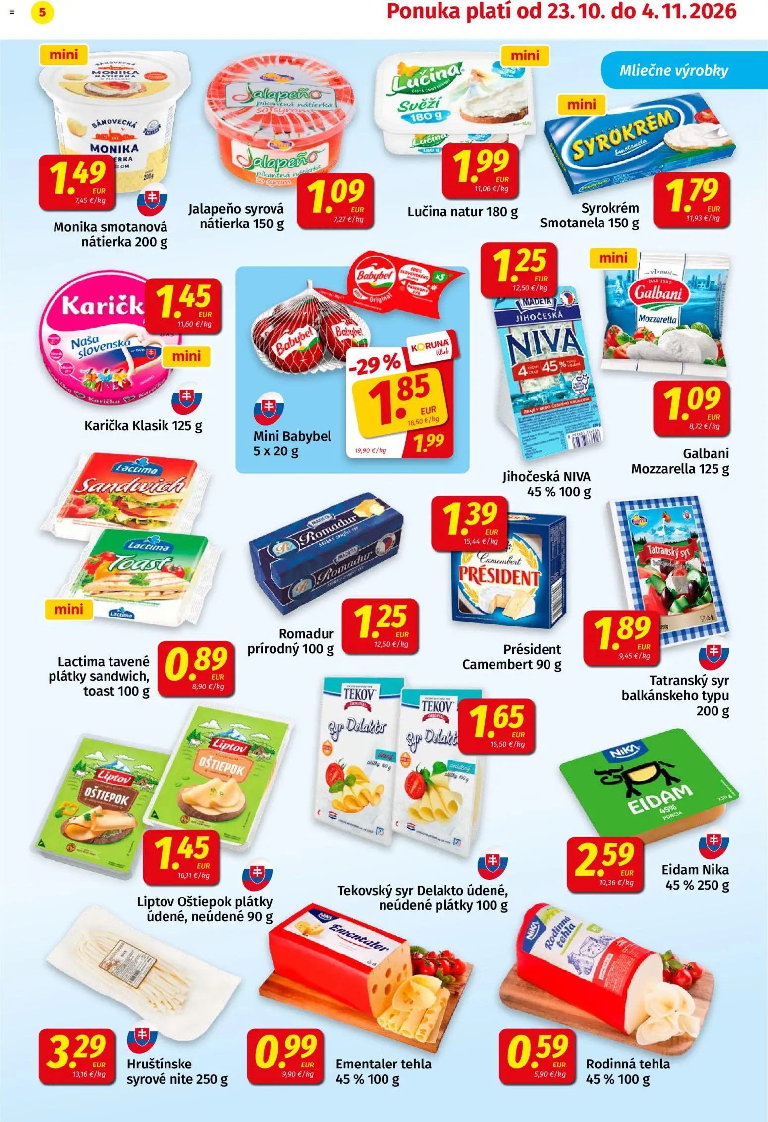 Náhľad Koruna letáku platného od 23.10.2026 - Syr, Mozzarella, Niva, Camembert, Nátierka, Eidam