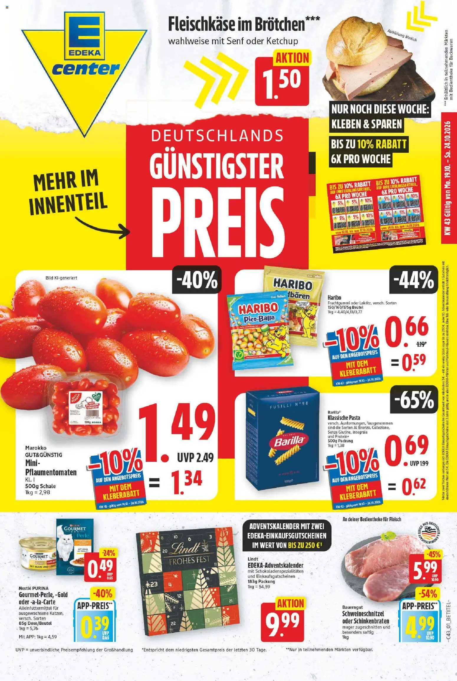 Vorschau von dem Prospekt des Geschäftes E center, gültig ab dem 19.10.2026 - Pasta, Haribo, Lindt, Fleisch, Tomaten, Ketchup, Bauerngut