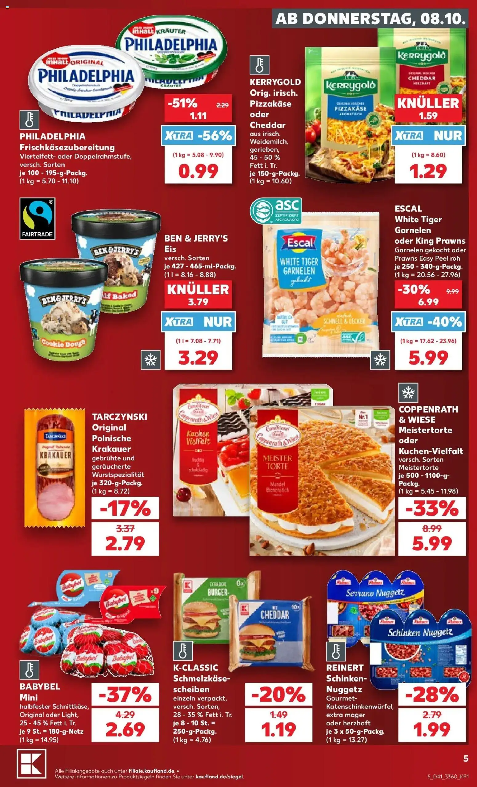 Vorschau von dem Prospekt des Geschäftes Kaufland, gültig ab dem 08.10.2026 - Burger, Kuchen, Philadelphia, Garnelen, Schinken, Ben & Jerry's, Babybel