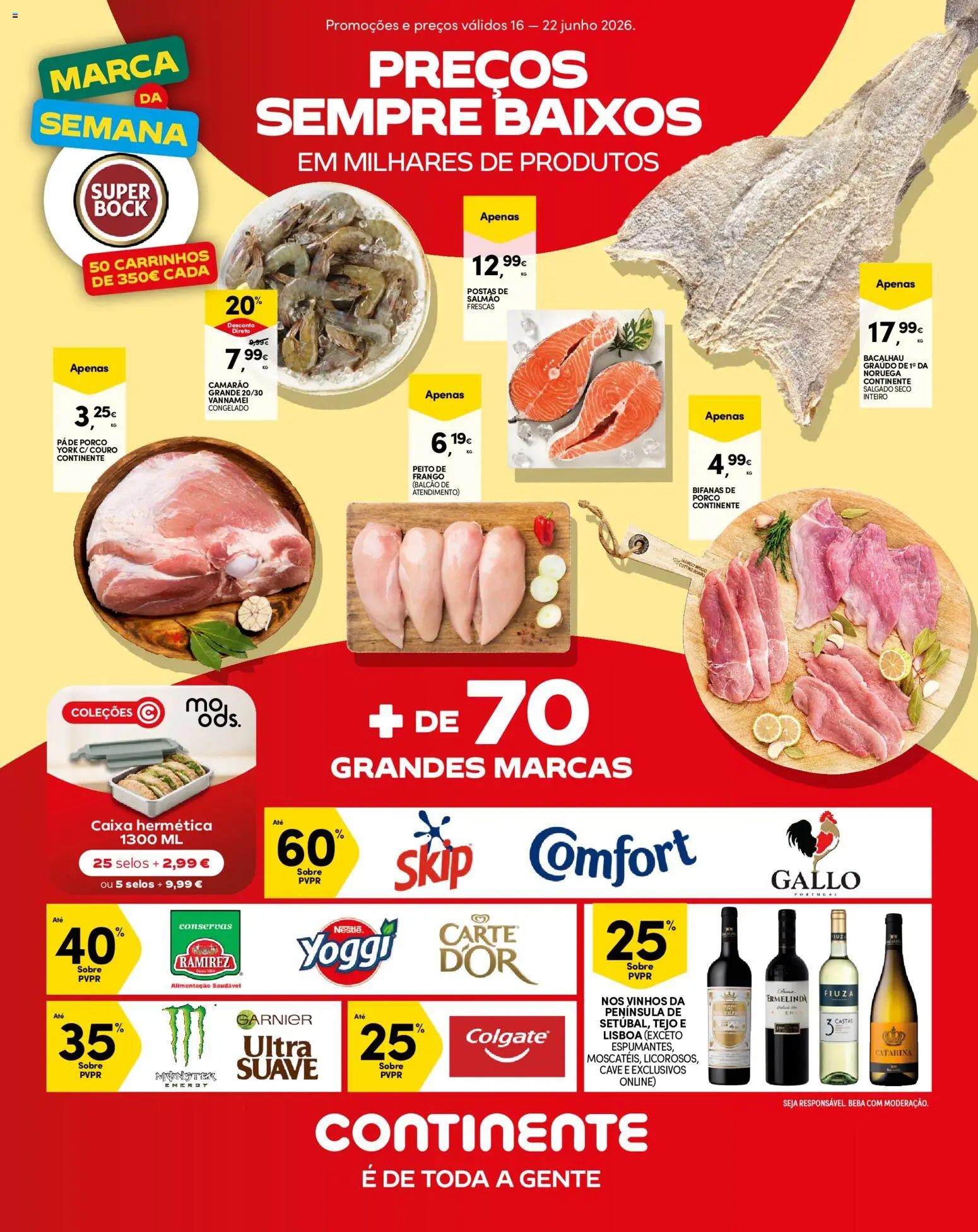 Pré-visualização do folheto da loja Continente válida a partir de 16/06/2026 - Bacalhau, Caixa, Frango, Super bock, Camarão, Nestlé, Peito de frango, Salmão